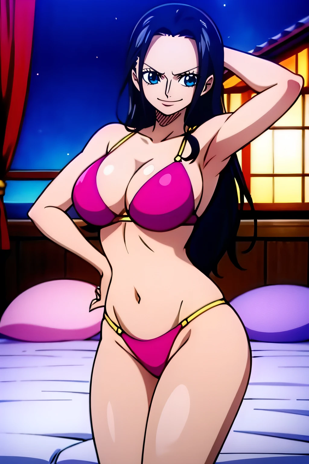 Robin de One Piece, Pose sexy, Y si , Elly, Premios rojo, 8k, anime, ribera, Gran Theta, grande, Se ve sexy perfecta calidad ojos ojos azules, Bikini rosa, Bikini rosa, cama, Casa, Noche