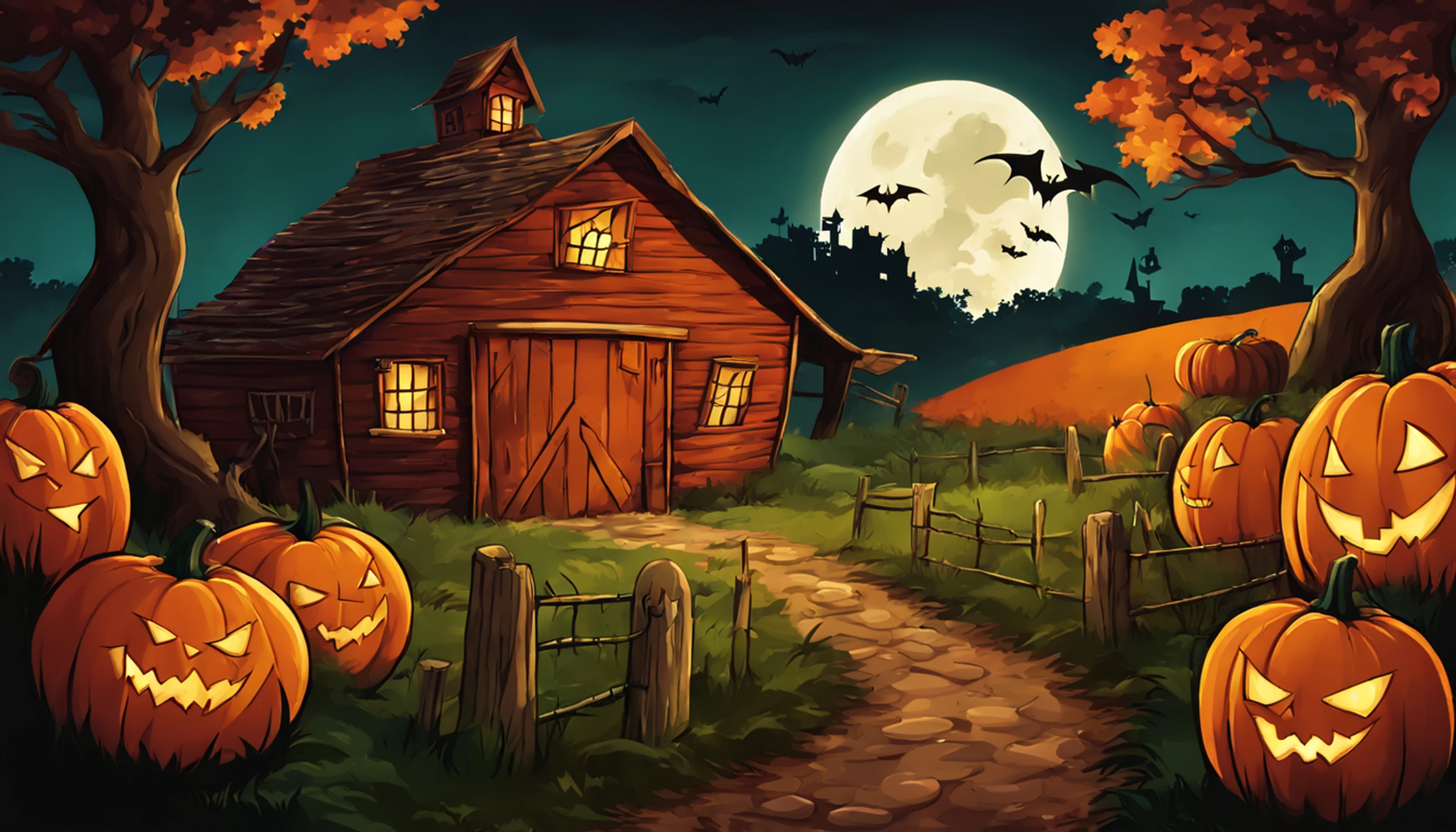 imaginar/illustration for book, fun, Spooky Halloween scene with pumpkins and bats and a barn for fun, inspirado em desenhos animados, linhas grossas, baixo detalhe, vivid color.