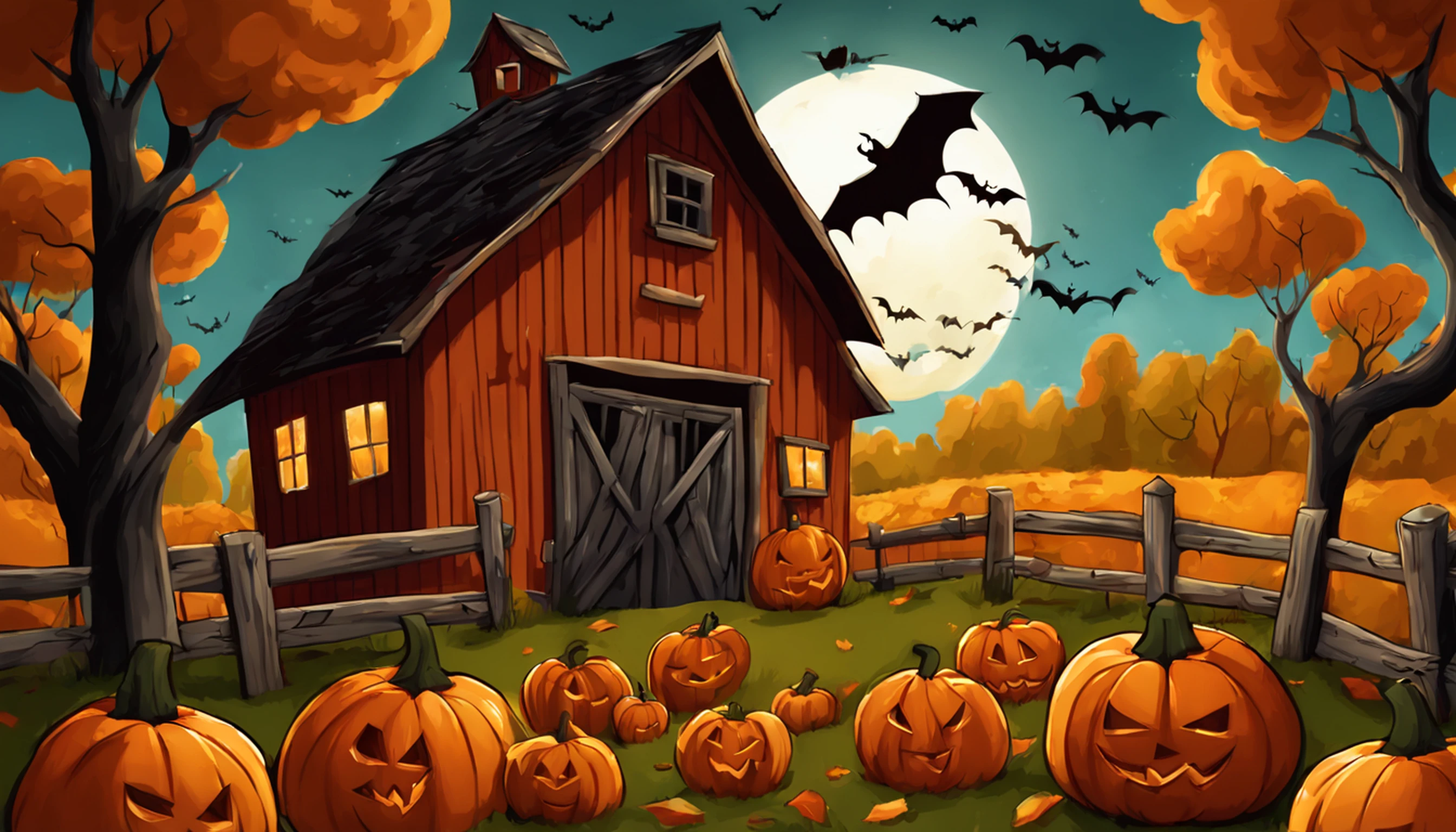 imaginar/illustration for book, fun, Spooky Halloween scene with pumpkins and bats and a barn for fun, inspirado em desenhos animados, linhas grossas, baixo detalhe, vivid color.