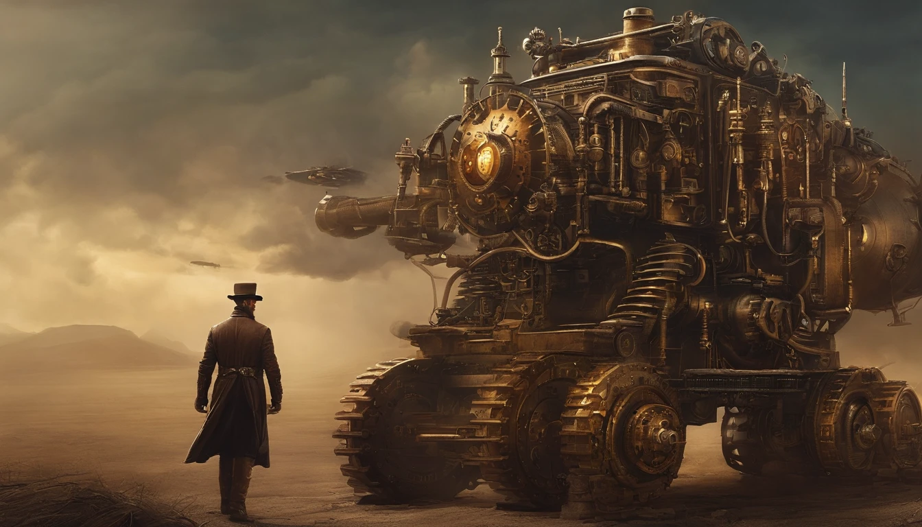 There's a man with a beard and hat with a machine, Cyber Steampunk 8 K 3D, Velho cyberpunk, Papel de parede solarpunk 4k, Arte digital altamente detalhada em 4k, cyber steampunk, soldado futurista, cyber space cowboy, epic scifi character art, sci - personagem de fi, Epic Sci - Arte do Personagem de Fi:, Epic Sci-Fi Character Art