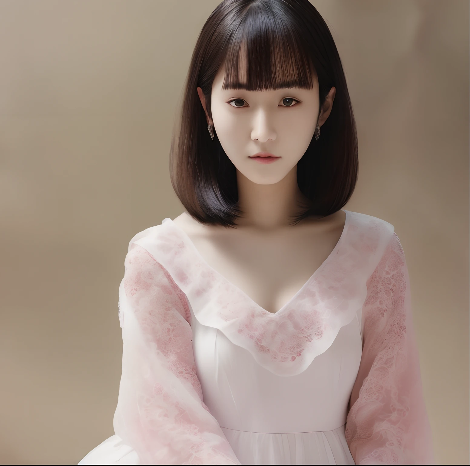 (masterpiece, realistic, ultra high resolution, high quality:1.2),25 year old girl, (young),(no makeup), (white sheer blouse:1.3),Fluffy blouse、Fluffy blouse、blouse has no buttons、(oversized breasts)、best breasts、biggest 、(black bra:1.3),Fluffy bra、sheer ruffle bra、black hair, hair is curled outside、Hair curls outward、small curl hair、wedding veil、portrait, (full body) , old photograph, 80'Style , dynamic pose, studio, (seikomatsuda:1.2)