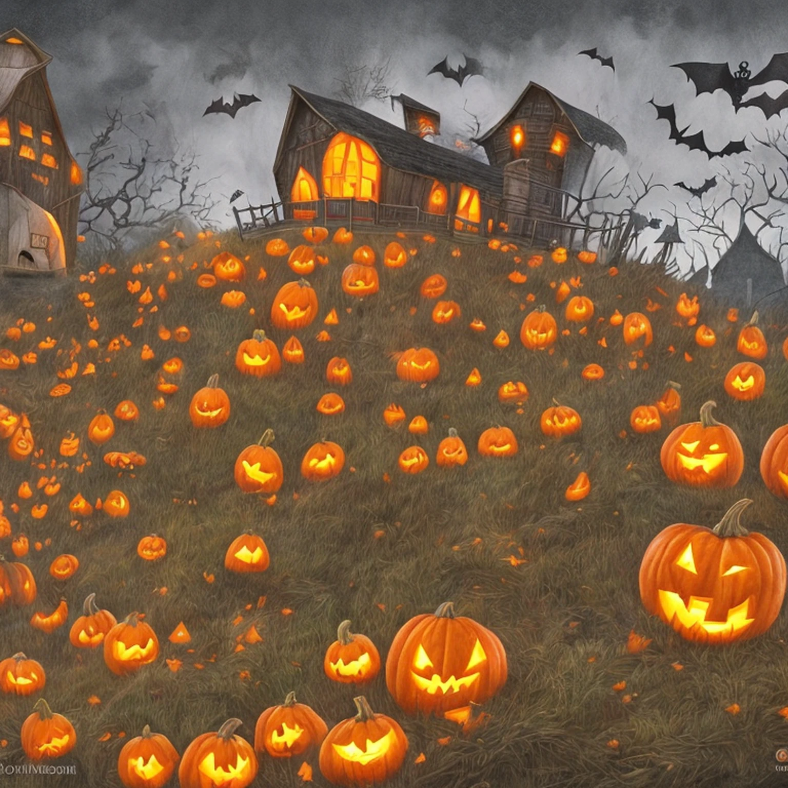 imaginar/illustration for book, fun, Spooky Halloween scene with pumpkins and bats and a barn for fun, inspirado em desenhos animados, linhas grossas, baixo detalhe, vivid color.