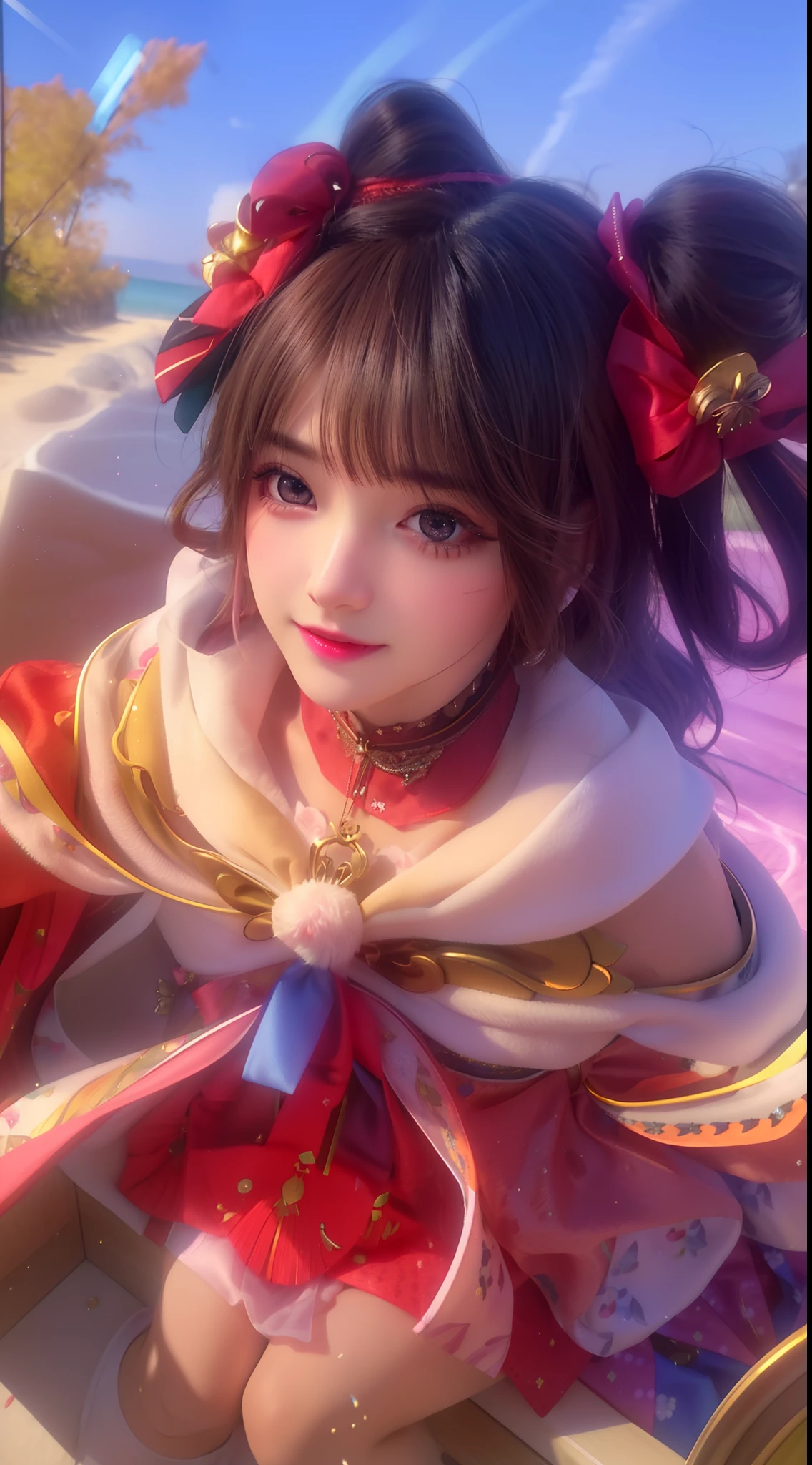 (8k, 4k, best quality, highres:1.2), (maasterpiece, realistic, photo realistic:1.37), 1girl, solo, beautiful face, eyelashes, nose, glossy lips, (detailed eyes, looking at viewer, fair skin, white skin:1.5), fine complexion, upper body, large breasts, busty,, (:1.5), outdoor onsen, two side up, absurdly long hair, blonde hair, pink hair, bangs, hair ornament, bow, younger, aged down