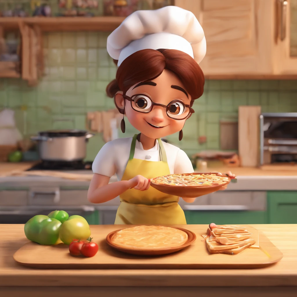 Crie uma cena de desenho animado  estilo 3d -Pixar, Where a , de cabelos cacheados e preto,  com 7 anos de idade, She's cooking dressed as a pastry chef. Lora