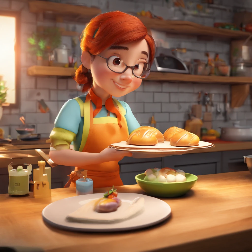 Crie uma cena de desenho animado  estilo 3d -Pixar, Where a child, de cabelos cacheados e preto,  com 7 anos de idade, She's cooking dressed as a pastry chef. Lora