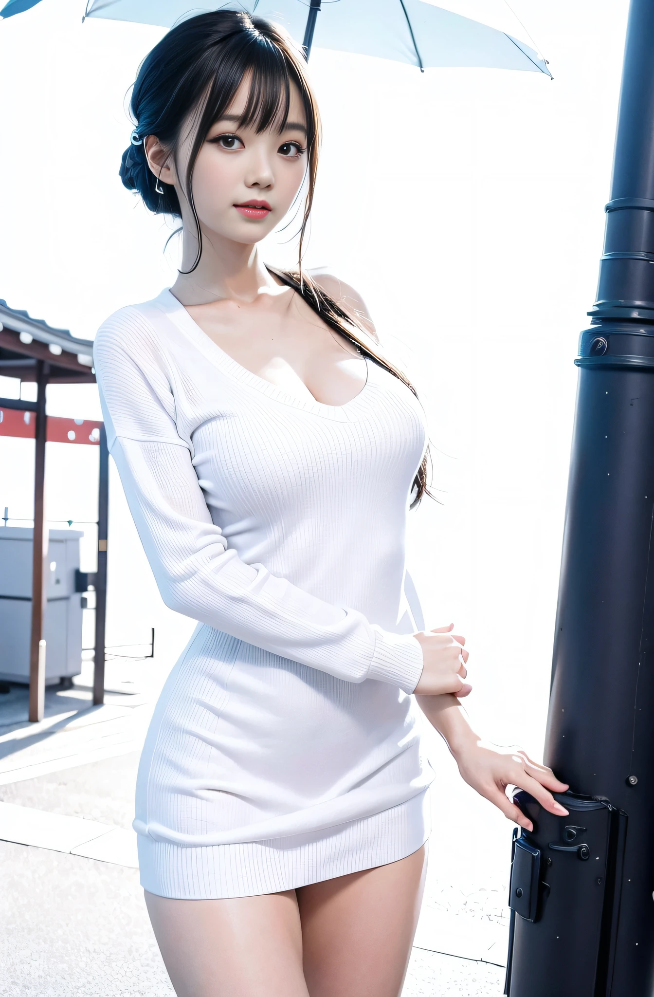 top-quality,ultra-definition,accurate depiction,realisitic,a picture,japanes,goddess of Japan,kawaii,smil,(Perfect body,flawless skin),White sweater,long skirt,Natural standing,large full breasts,hposing Gravure Idol,Young Sensual Gravure Idol,A slender,In the street,Bright lighting,masutepiece