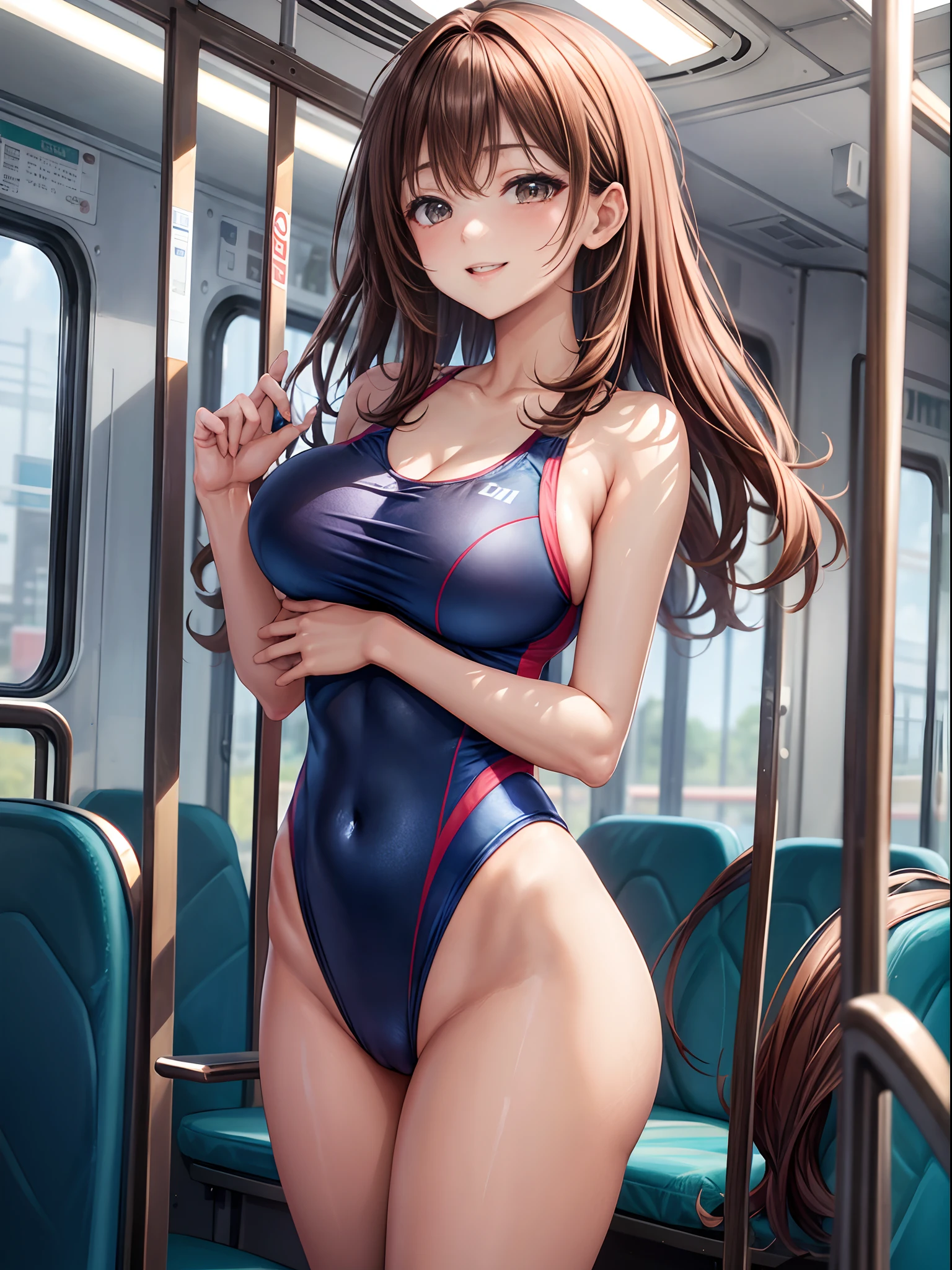 top-quality、Full limbs、complete fingers、There are many women in competitive swimsuits、Beautiful Large Breasts、Brown-haired woman、straight haired、Woman with waist-length hair、Woman in blue and red competitive swimsuit、Brown pantyhose、On the bus、A big smile、Naughty Poses