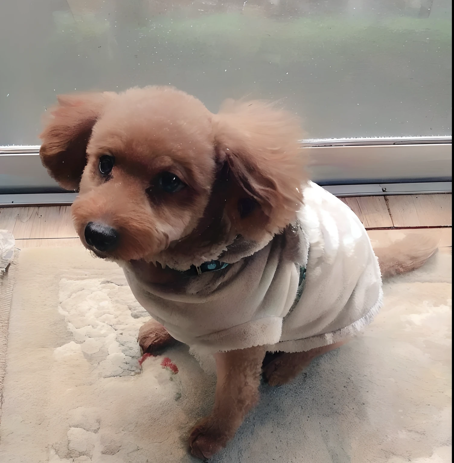 Toy poodle、独奏、masterpiece、top-quality、realisitic、Hyper-detailing、(Glossy skin、be sweaty:1.4)、absurderes、Looking at the camera、brown-eyed、A slender、动态照明、hight resolution、foco nítido、depth of fields、A detailed eye、Sharp eyes、Realistic eyes、、outside of house、Skysky