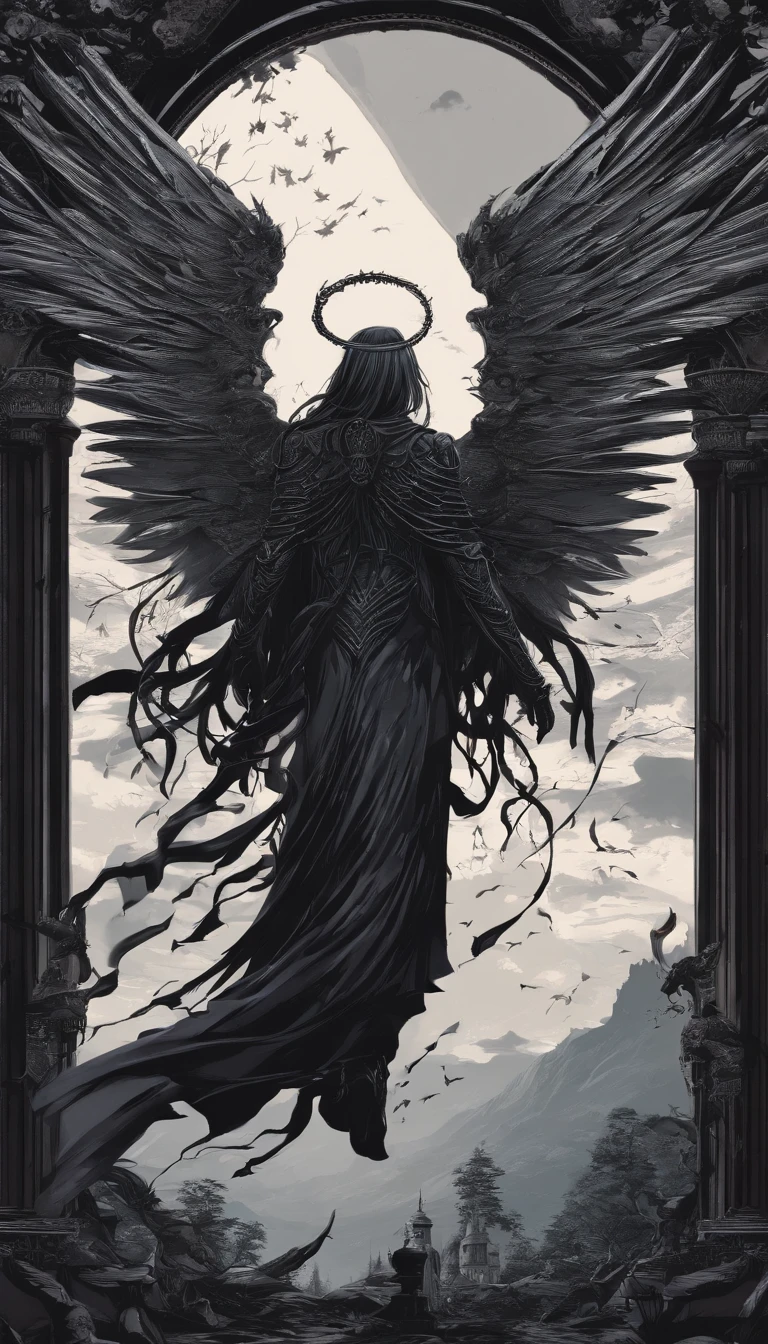 Guardian angel, low-angle, protective pose, CEU, lush tropical forest, vibrant flora, dramatic cloudy sky, celestial figure, cinematic monochrome backdrop.