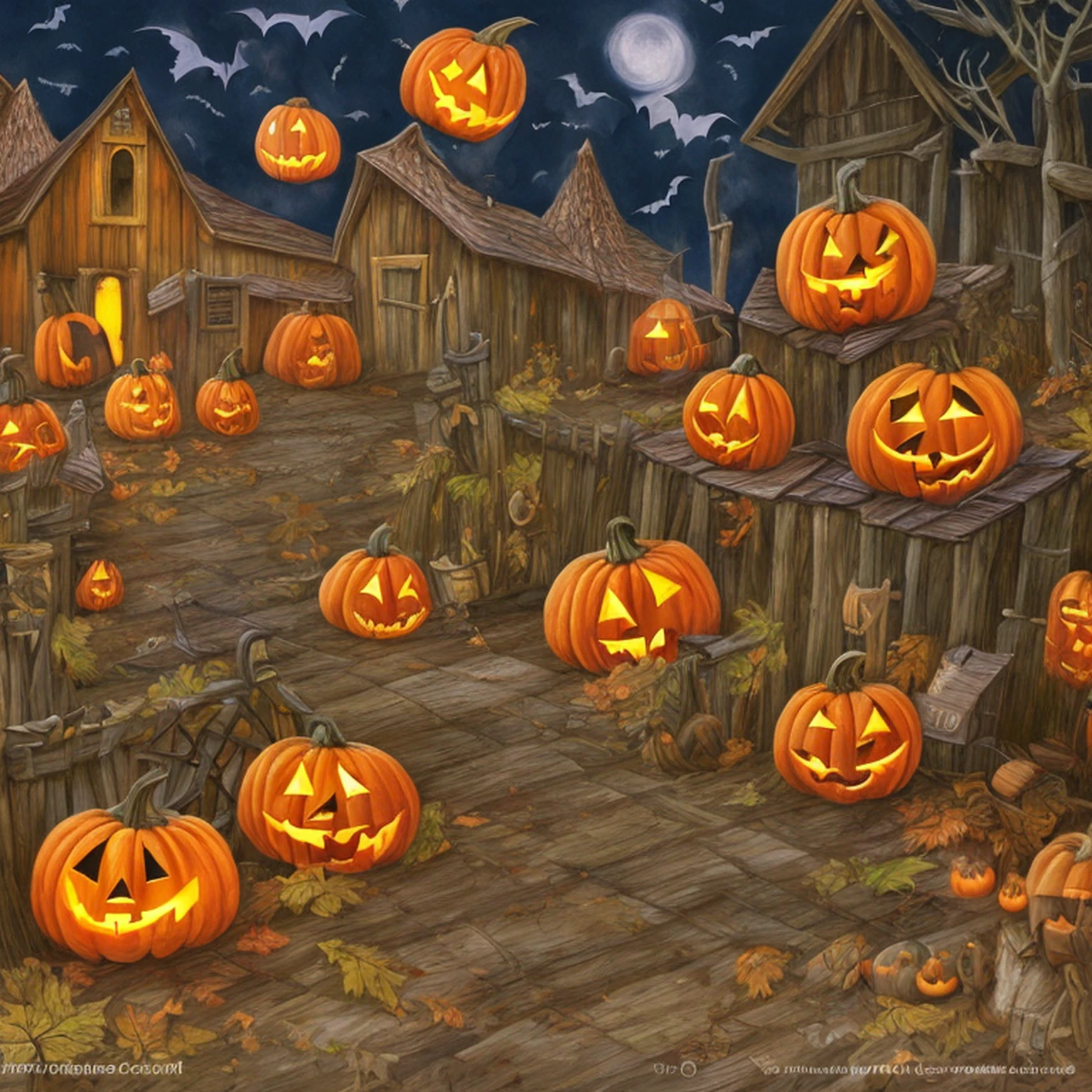 imaginar/illustration for book, fun, Spooky Halloween scene with pumpkins and bats and a barn for fun, inspirado em desenhos animados, linhas grossas, baixo detalhe, vivid color.