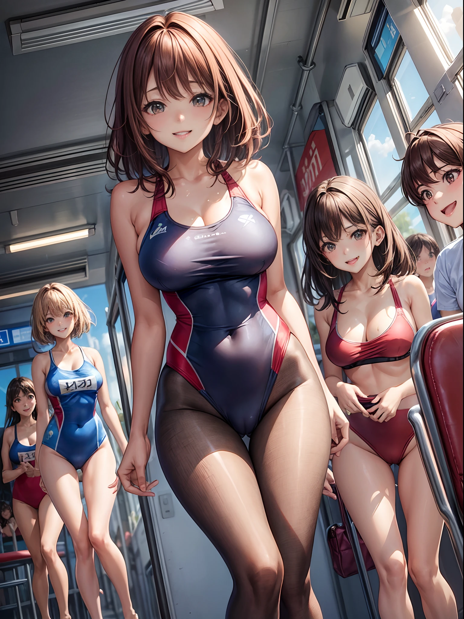 top-quality、Full limbs、complete fingers、There are many women in competitive swimsuits、Beautiful Large Breasts、Brown-haired woman、straight haired、Woman with waist-length hair、Woman in blue and red competitive swimsuit、Brown pantyhose、On the bus、A big smile、Naughty Poses