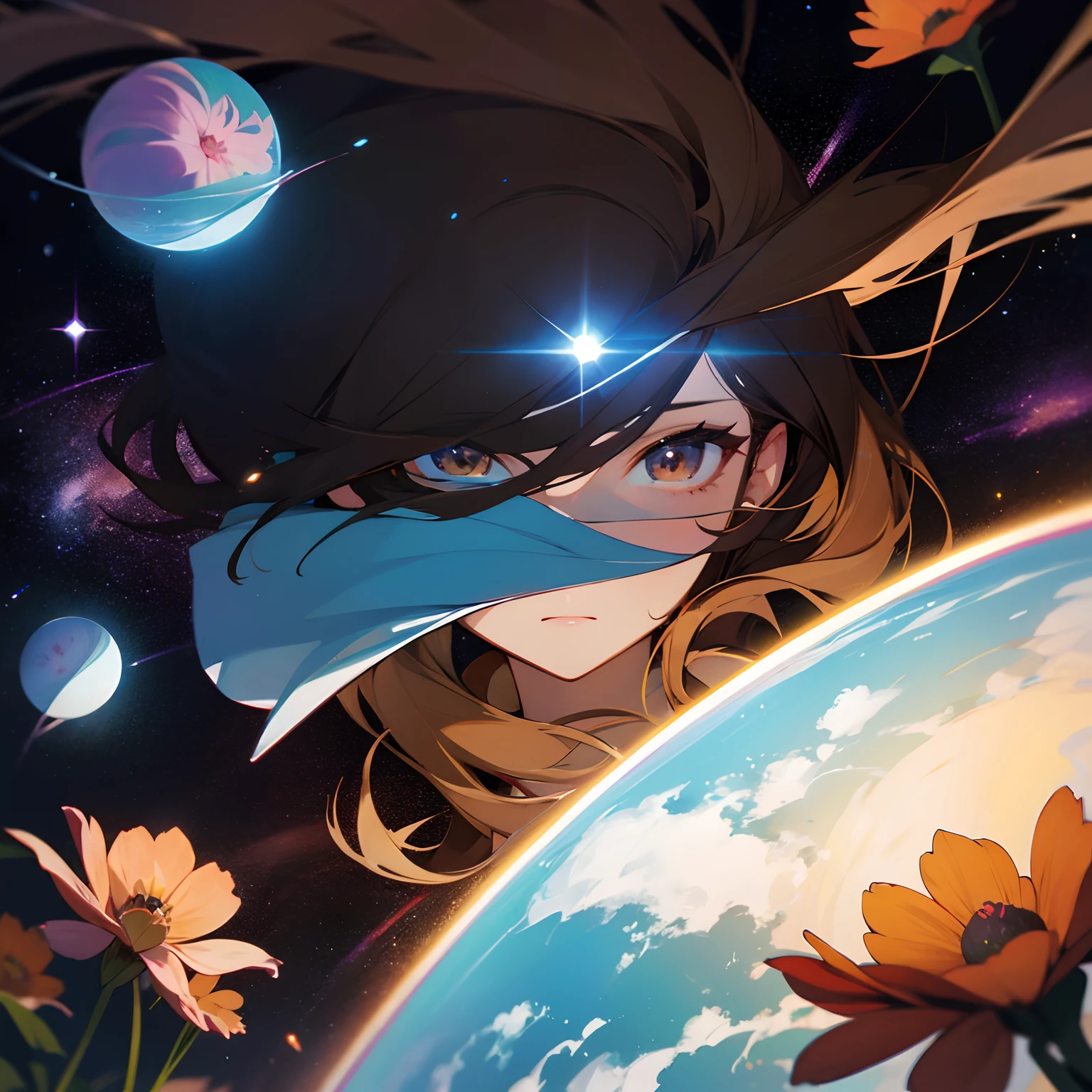 Brown-haired woman、cosmos
