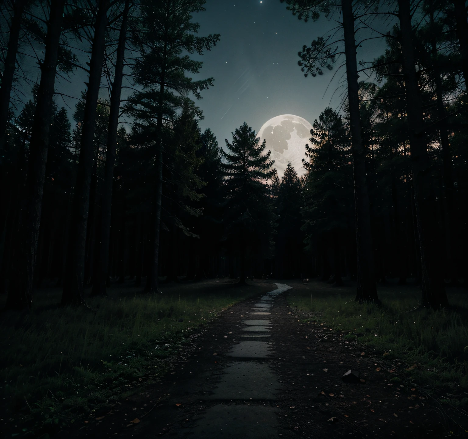 A night scene of the forest with the full moon shining through the trees, Creating ominous shadows on the ground