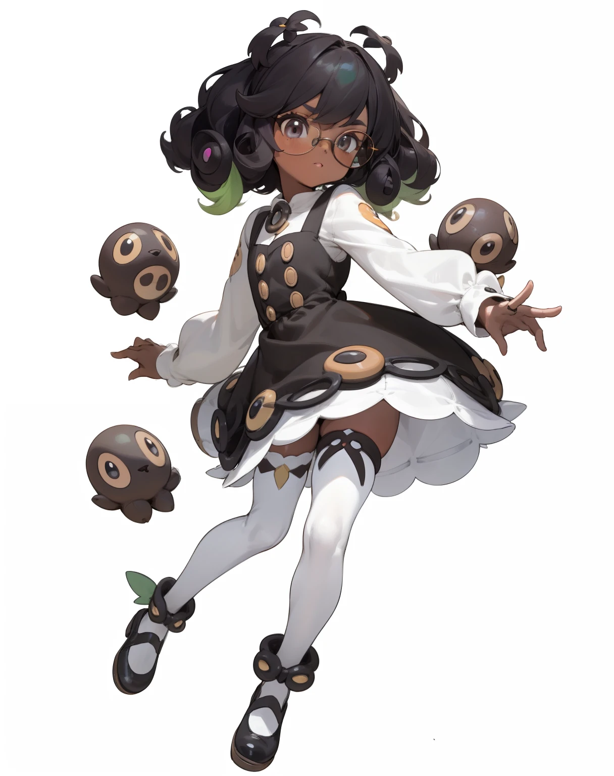 1GIRL, cute girl, finely detailed, (best quality), (intricate details), cute style, tanned dark skin, , pokémon trainer style, bug type pokémon trainer, pet pokémon, multicolored, ((black ringlet curly hair)), best quality, ((short puffy long sleeve dress)), thick thighs, wears glasses, ((white dress)), ((white thigh high socks)), ((round eyes)), beautiful face, cute face, pinup, perfect face, simple background portrait, full body
