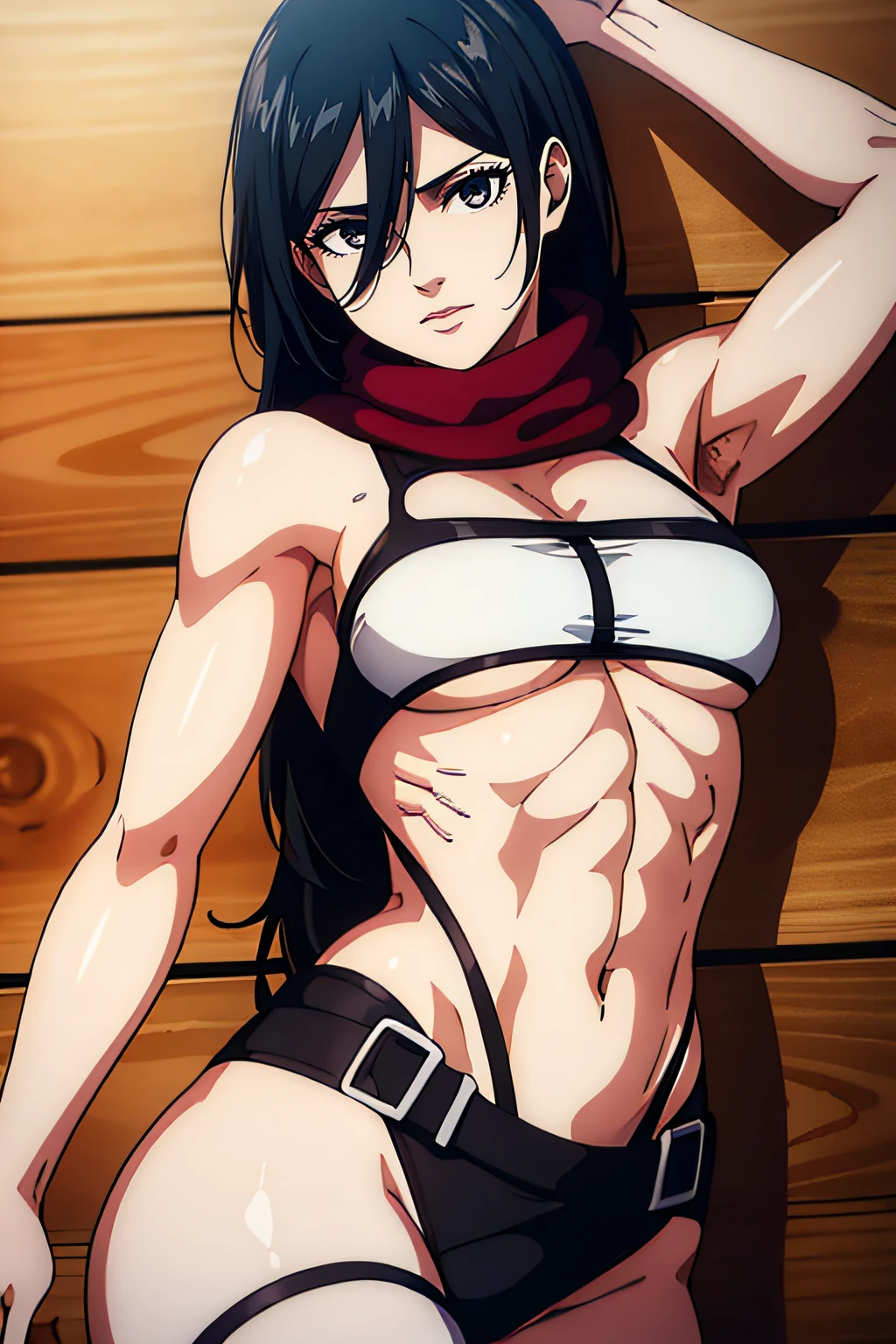 bragas, red scarf around the neck, ojos negros, cabello negro, corto_cabello,pelo entre los ojos, 1 girl in, 20yo,mujer joven,hermosa nariz,Beautiful character design, ojos perfectos, Cara perfecta,ojos expresivos,Equilibrio perfecto, mirando al espectador,boca cerrada, (inocente_grande_ojos:1.0),luz_They are smiling, arte oficial,fondo de pantalla CG 8k extremadamente detallado, (obra maestra:1.0),(mejor_Quality:1.0), muscular, muscular, Muscle, cabello negro, ojos grises, barriga, ombligo, chica musculosa, bikini blanco, Abs, abdomen