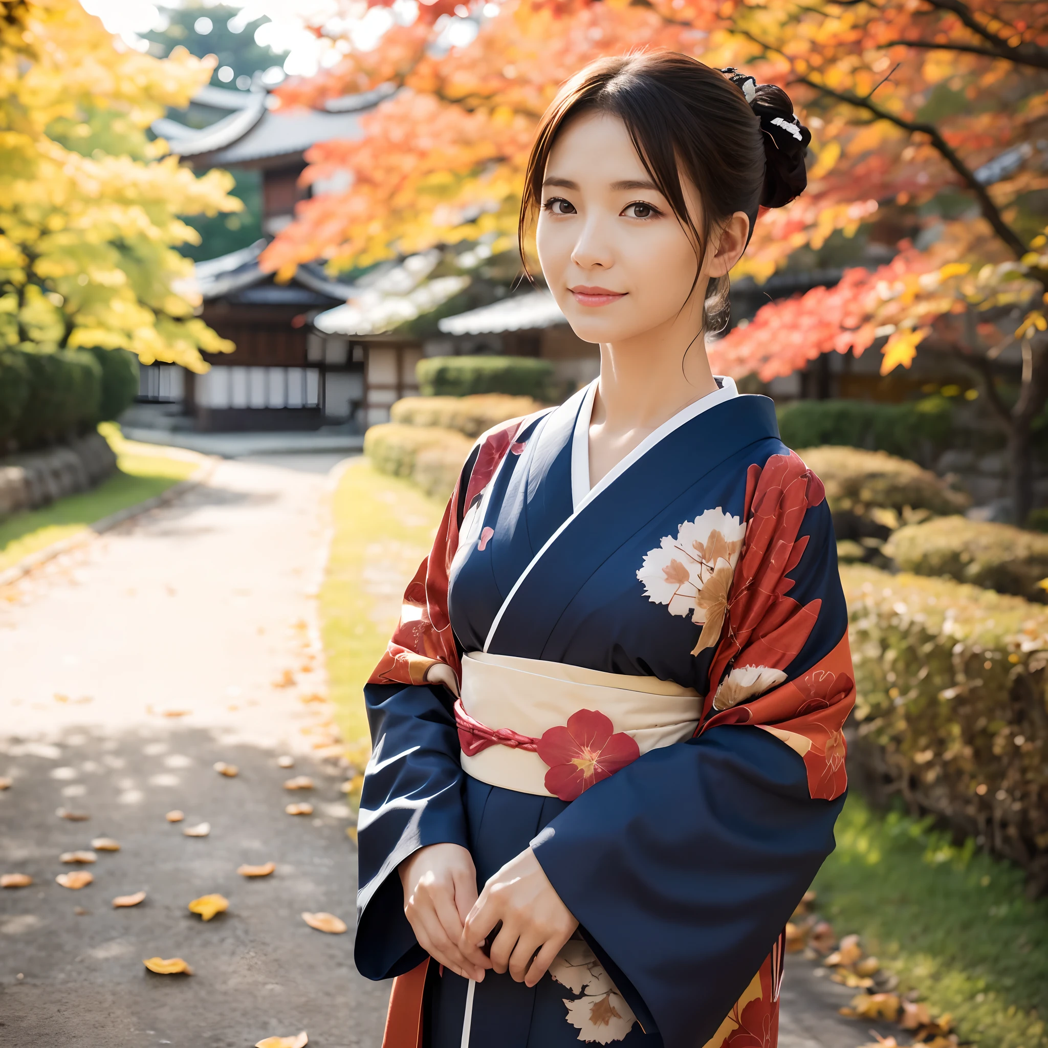Female in her 40s、Wear a clean Japan kimono、Hair is up、autumn leaves in background、