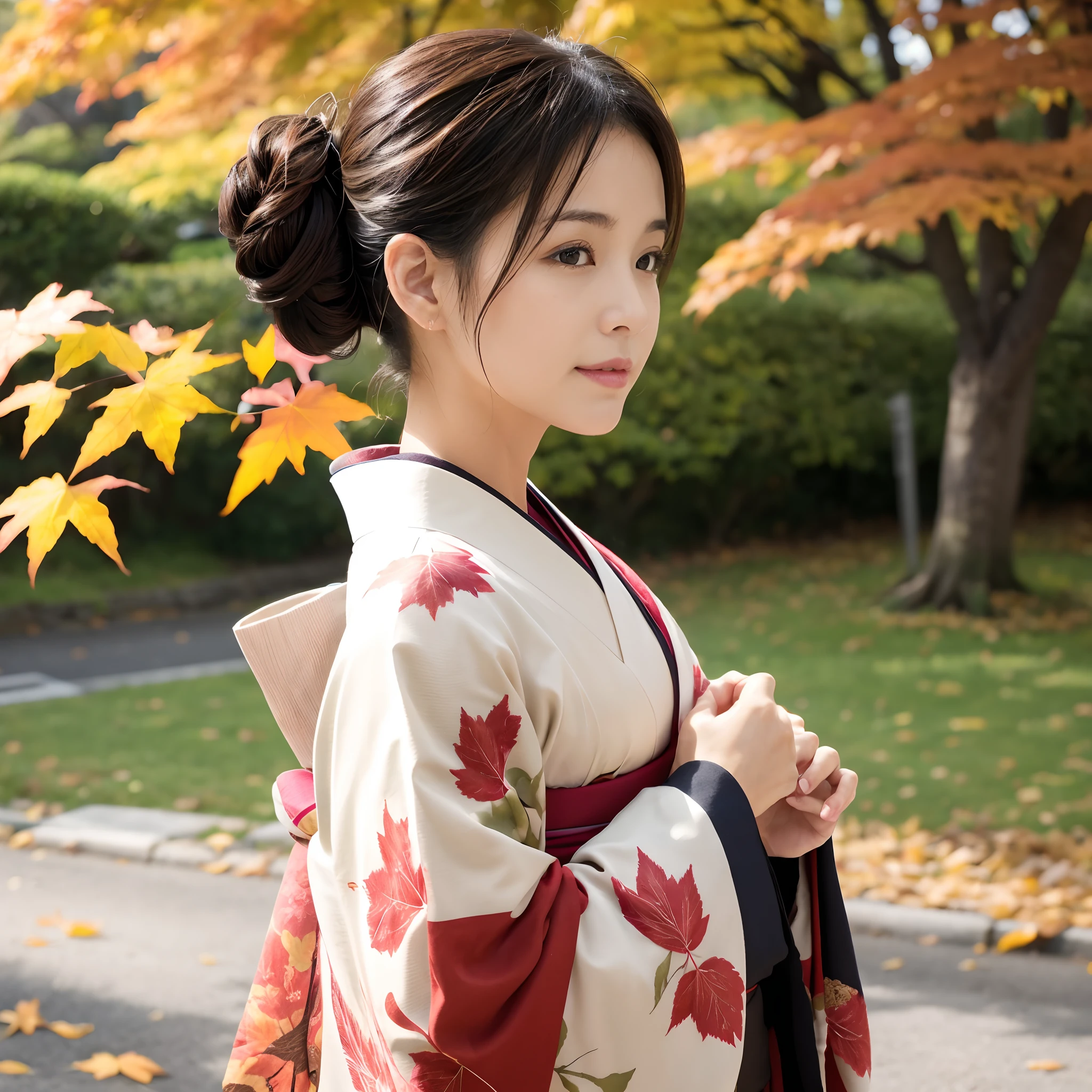 Female in her 40s、Wear a clean Japan kimono、Hair is up、autumn leaves in background、