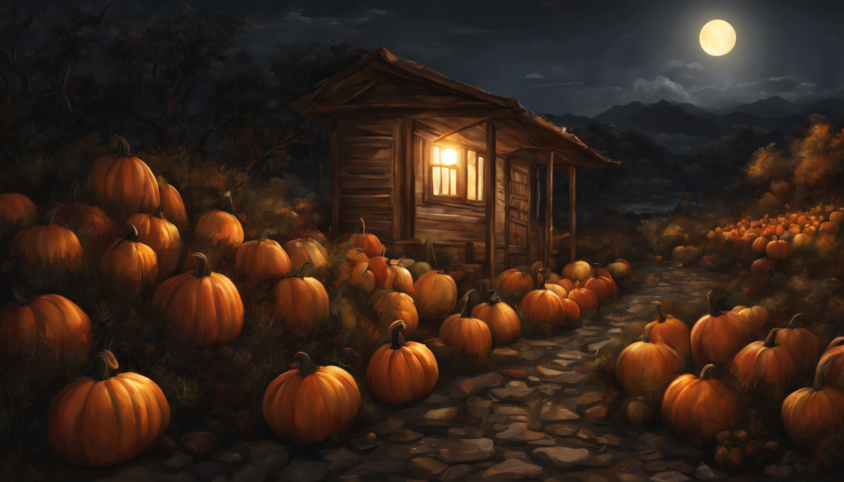 autumn scenario, Night View of Pumpkins, lua cheia, cabine pequena, queda de folhas, clima de outono, outono, bebedouro, Realistic, lanterna, Chamas de fogo