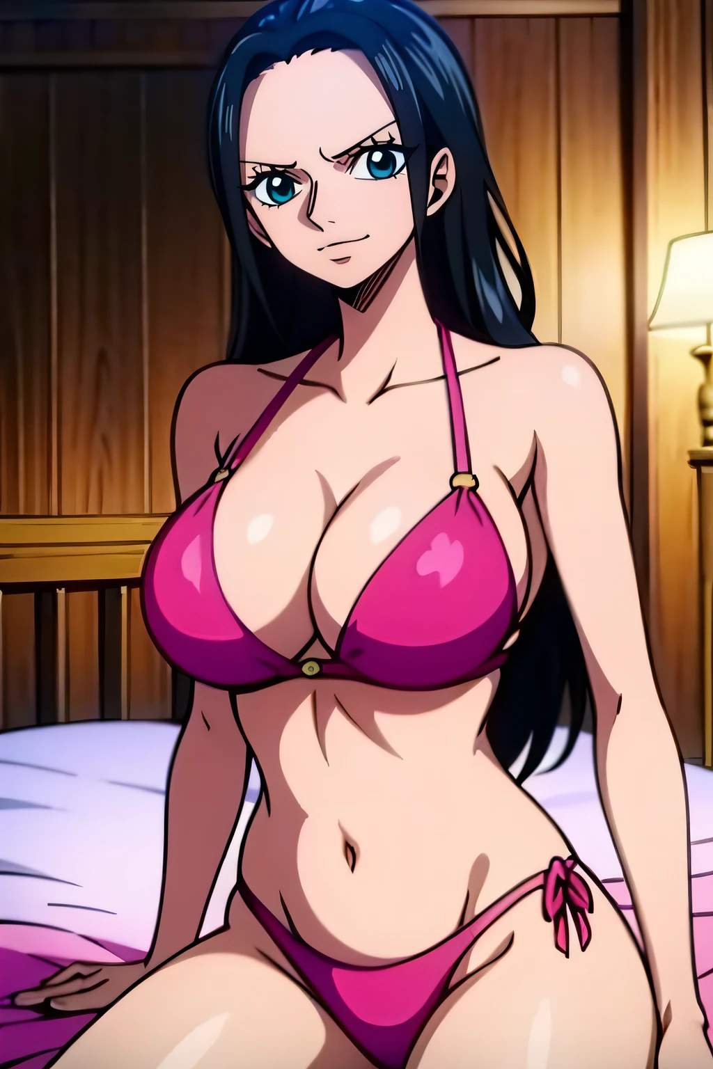 Robin de One Piece, Pose sexy, Y si , Elly, Premios rojo, 8k, anime, ribera, Gran Theta, grande, Se ve sexy perfecta calidad ojos ojos azules, Bikini rosa, Bikini rosa, cama, Casa, Noche