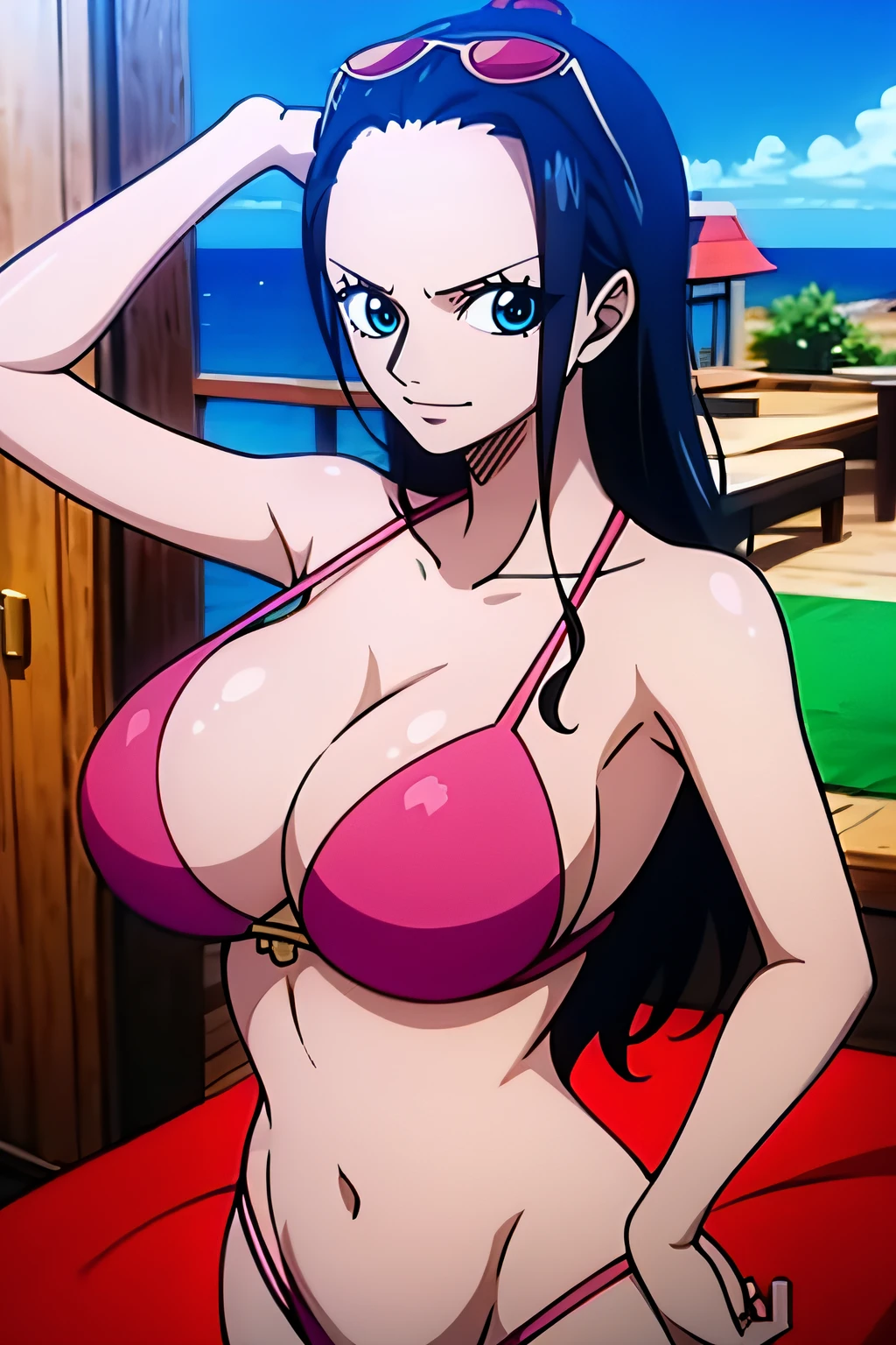 Robin de One Piece, Pose sexy, Y si , Elly, Premios rojo, 8k, anime, ribera, Gran Theta, grande, Se ve sexy perfecta calidad ojos ojos azules, Bikini rosa, Bikini rosa, cama, Casa, Noche