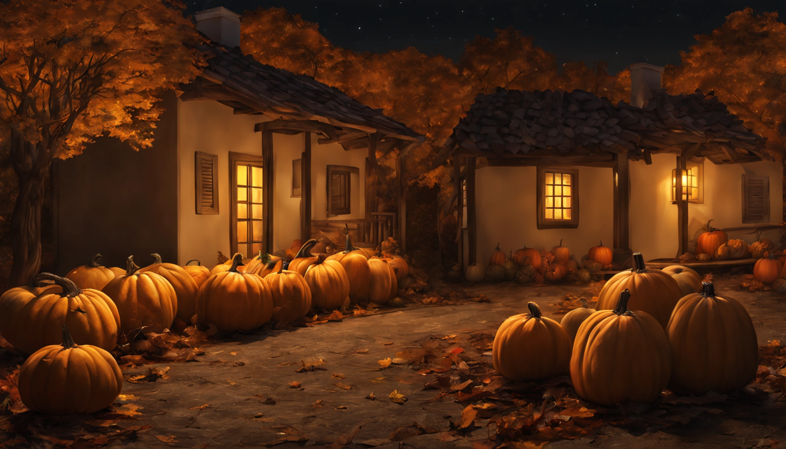 autumn scenario, Night View of Pumpkins, lua cheia, cabine pequena, queda de folhas, clima de outono, outono, bebedouro, Realistic, lanterna, Chamas de fogo