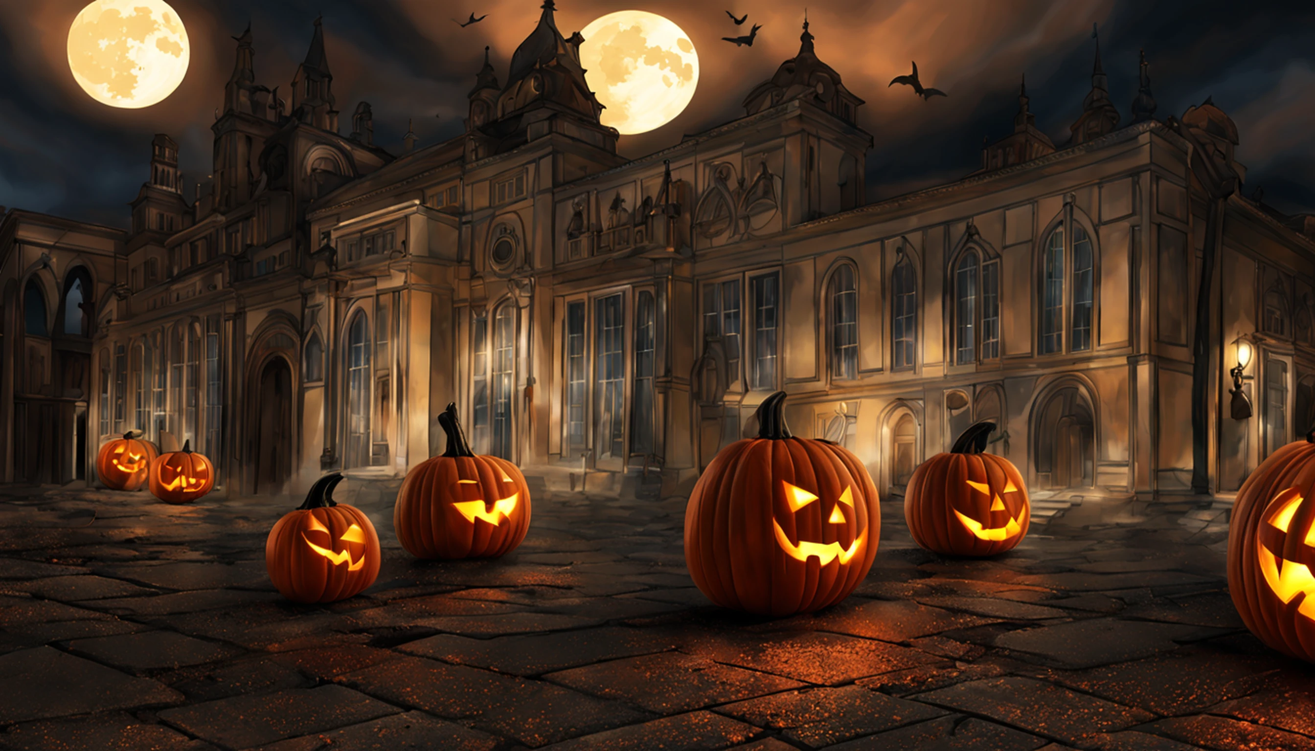 Luzes flutuantes de dia das bruxas, Cinematic light and reflection, luzes brilhantes, Casas temas de dia das bruxas,pintura digital, reflexos brilhantes, Pumpkin Halloween Jack-o'-lantern, noite calma, digital illustation, bela atmosfera, Skylight at night, Calm atmosphere at night, Jack-o'-lanterna, dia das bruxas, a noite, dia das bruxas, cercado por nuvens, cores lindas, There are three arches in the foreground((tinta colorida)), ( (Tinta Splash ) ), ((Tinta Splash) Inky})), tmasterpiece, alta quaridade, graphics beautiful, alto detalhe, Magnificent, (Arte vencedora do concurso)