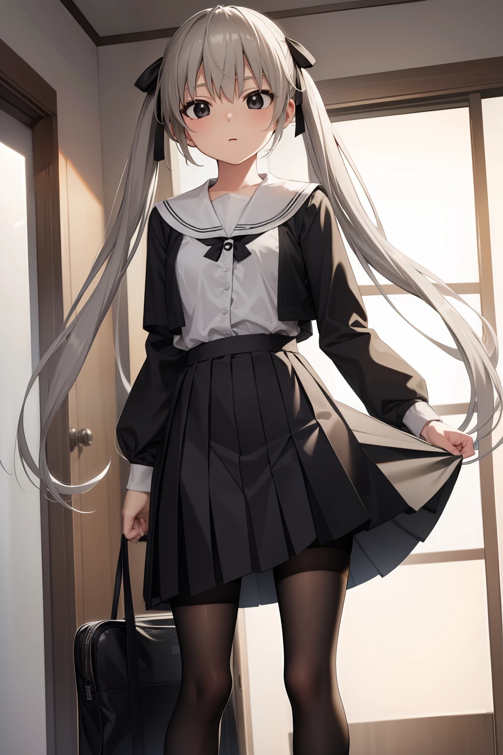 sorakasugano, sora kasugano, ahoge, (black eyes:1.5), hair between eyes, hair ribbon, long hair, twintails, black ribbon, white hair, (flat chest:1.2), BREAK black footwear, black pantyhose, grey ribbon, grey skirt, loafers, long sleeves, miniskirt, pantyhose, pleated skirt, sailor collar, school uniform, serafuku, shoes, skirt, white sailor collar, white serafuku, BREAK looking at viewer, (BREAK standing upright), BREAK indoors, BREAK (masterpiece:1.2), best quality, high resolution, unity 8k wallpaper, (illustration:0.8), (beautiful detailed eyes:1.6), extremely detailed face, perfect lighting, extremely detailed CG, (perfect hands, perfect anatomy),