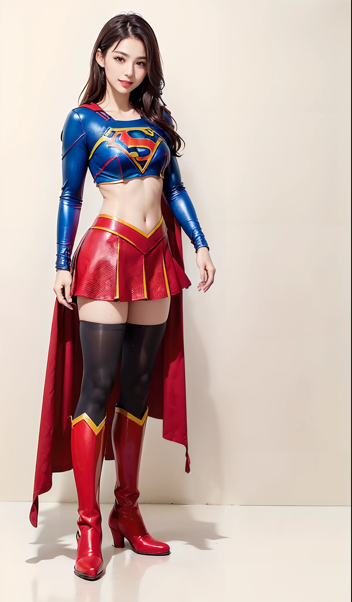 (((Wear black tights on your beautiful legs.)))、(((Grow legs、tall、beauty legs)))、(((facial expression of smile)))、((((Make the most of the original image)))、(((Supergirl Costume)))、(((beautiful hairl)))、(((Suffering)))、(((Feet must necessarily be worn with black tights)))、(((You need to wear red boots)))、((Top image quality、8K))、((top-quality、8K、masterpiece:1.3))、(((Keep your background simple)))、Crisp focus:1.2、Beautiful woman with perfect body shape:1.4、Slender Abs:1.2、a wet body:1.5、Highly detailed facial and skin texture、8K