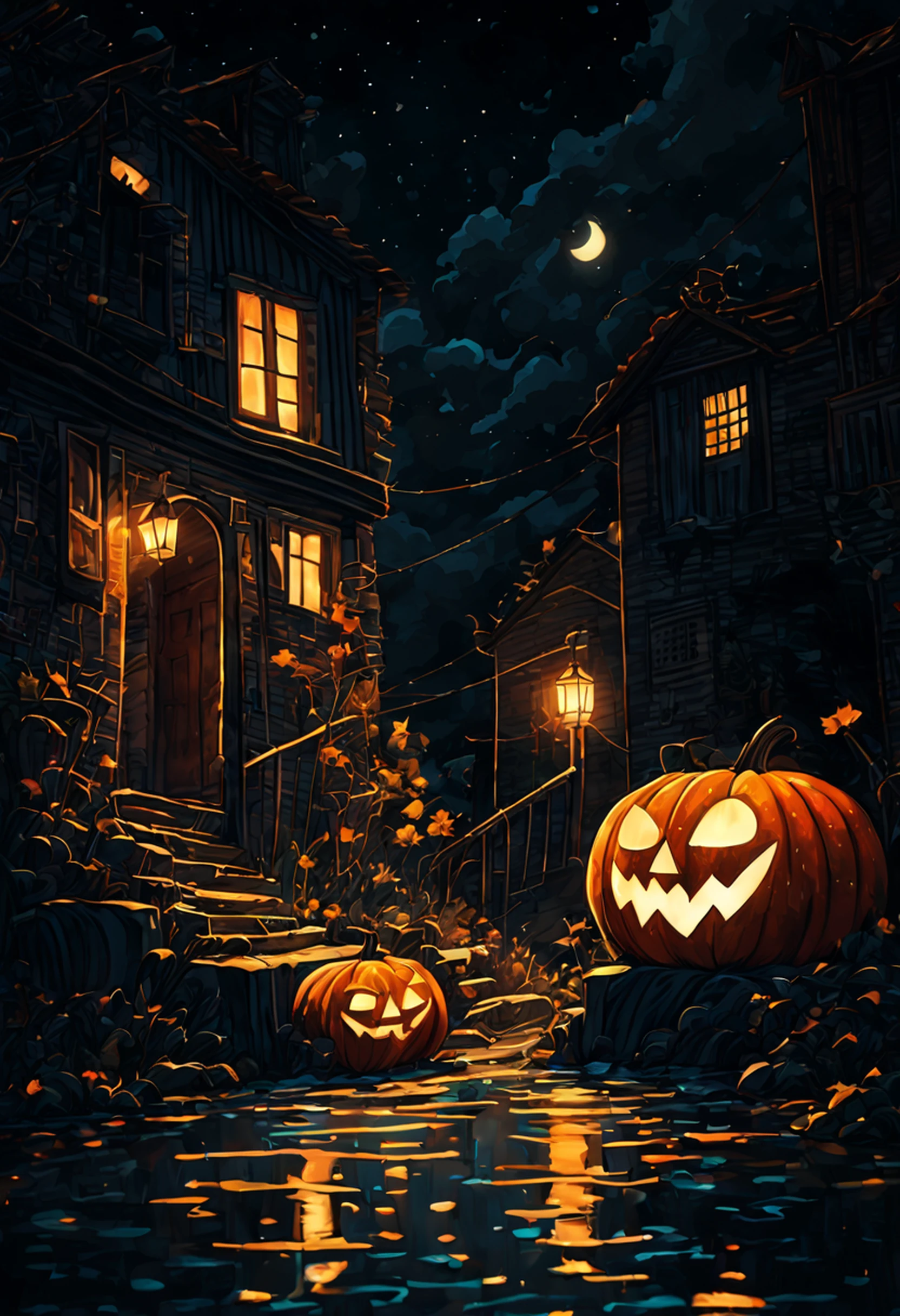 Luzes flutuantes de dia das bruxas, Cinematic light and reflection, luzes brilhantes, Casas temas de dia das bruxas,pintura digital, reflexos brilhantes, Pumpkin Halloween Jack-o'-lantern, noite calma, digital illustation, bela atmosfera, Skylight at night, Calm atmosphere at night, Jack-o'-lanterna, dia das bruxas, a noite, dia das bruxas, cercado por nuvens, cores lindas, There are three arches in the foreground((tinta colorida)), ( (Tinta Splash ) ), ((Tinta Splash) Inky})), tmasterpiece, alta quaridade, graphics beautiful, alto detalhe, Magnificent, (Arte vencedora do concurso)