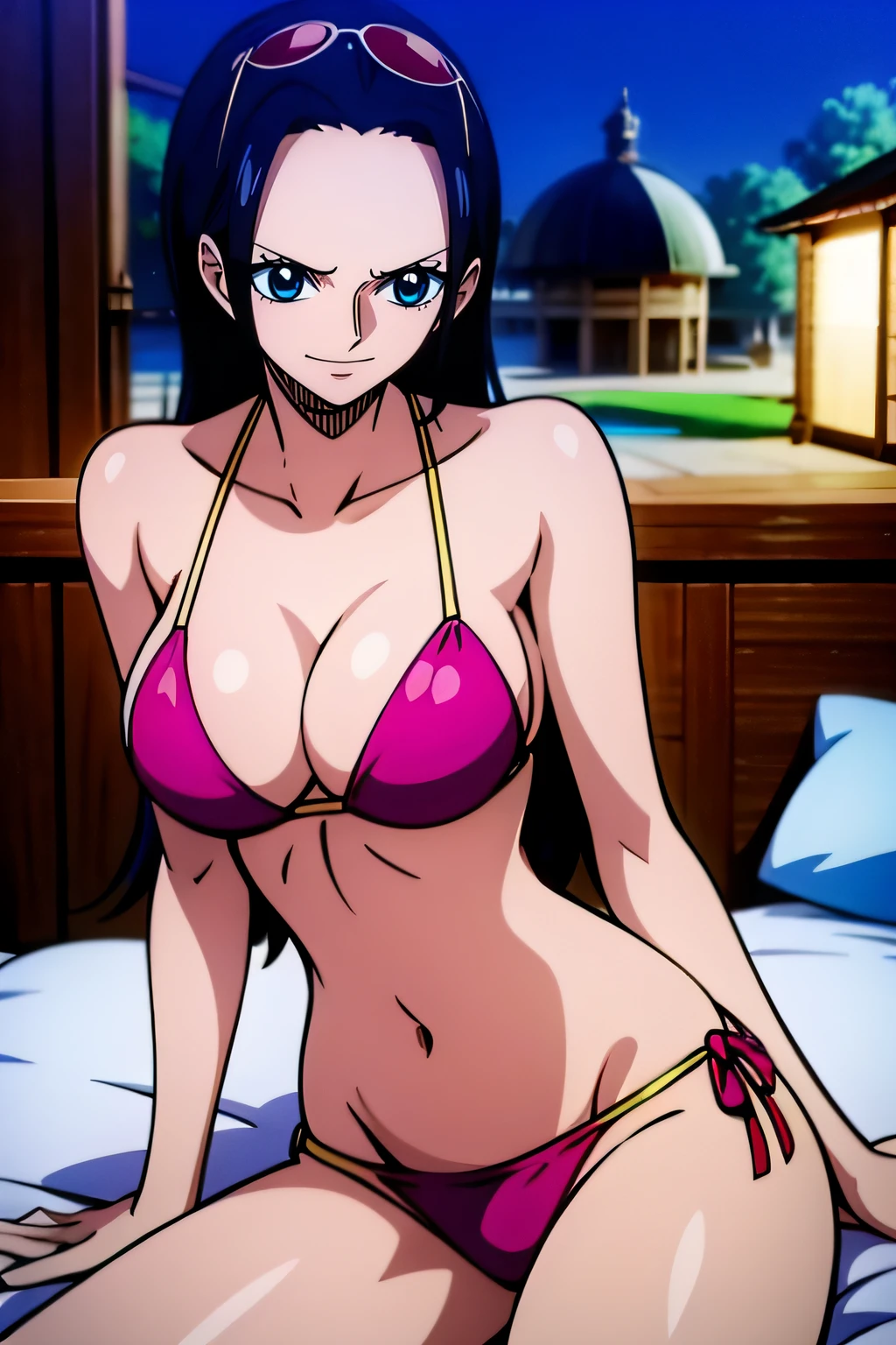 Robin de One Piece, Pose sexy, Y si , Elly, Premios rojo, 8k, anime, ribera, Gran Theta, grande, Se ve sexy perfecta calidad ojos ojos azules, Bikini rosa, Bikini rosa, cama, Casa, Noche, ojos azules,