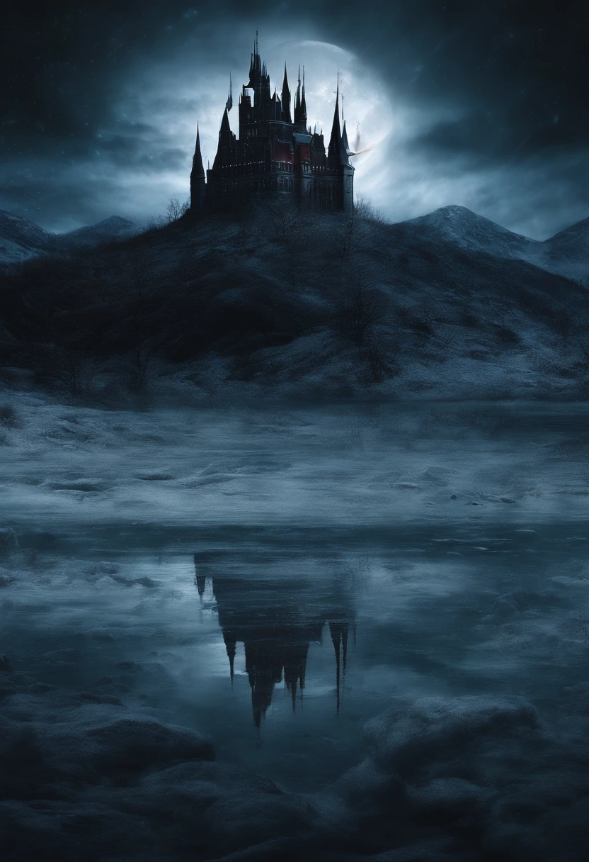 photorealistic frozen lake and tundra, background an enormous realistic gothic castle, red blue green northern lights in the sky constellations photorealistic waning moon, horror, creepy, scary, haunting, Angel falling from the sky
