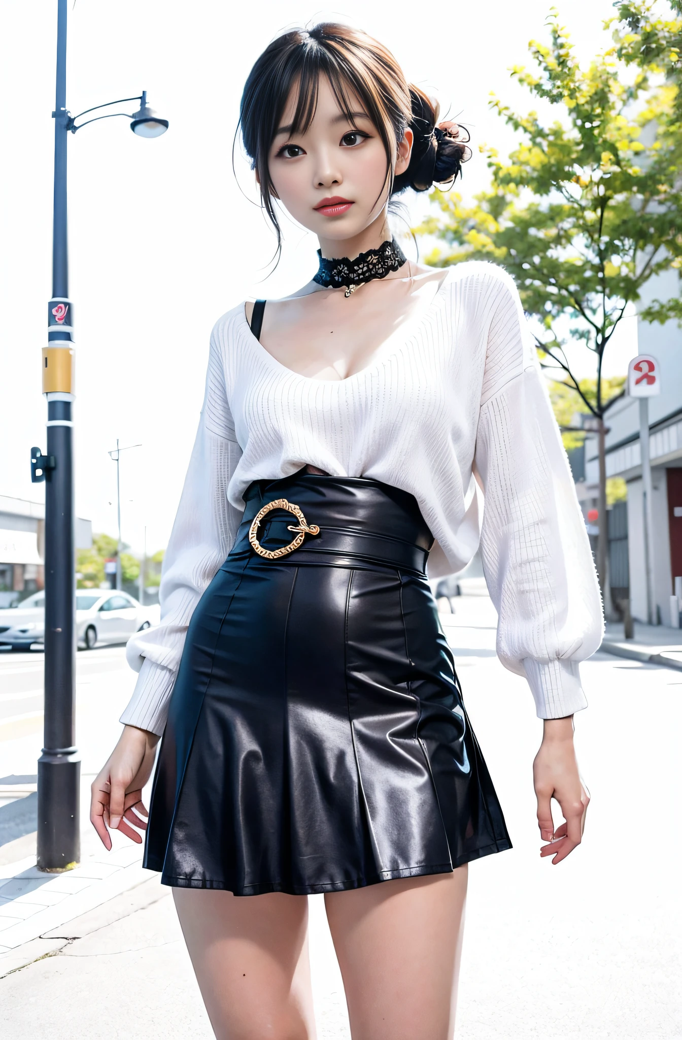 top-quality,ultra-definition,accurate depiction,realisitic,a picture,japanes,goddess of Japan,kawaii,smil,(Perfect body,flawless skin),White sweater,Brown long skirt,Natural standing,large full breasts,hposing Gravure Idol,Young Sensual Gravure Idol,A slender,In the street,Bright lighting,masutepiece