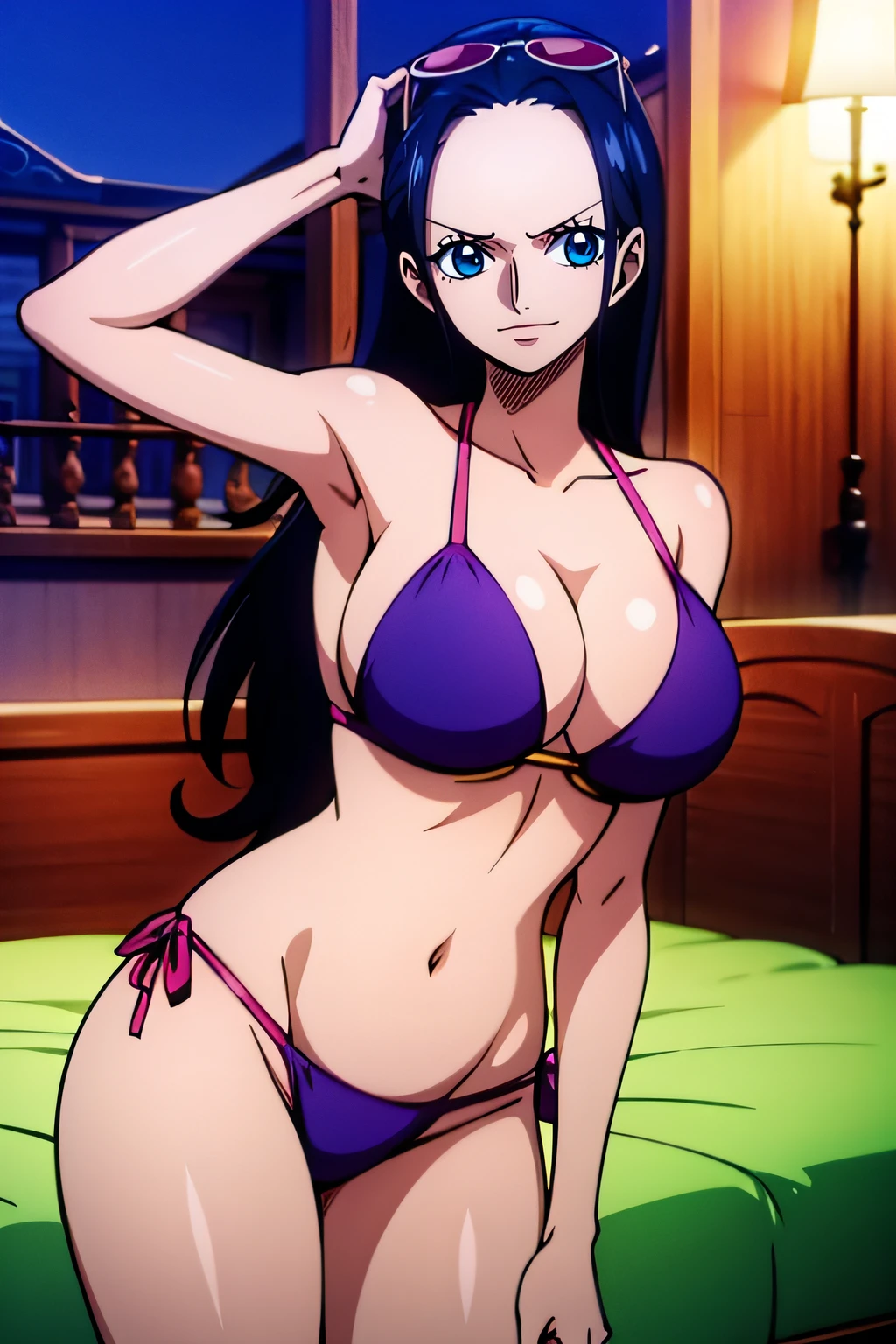 Robin de One Piece, Pose sexy, Y si , Elly, Premios rojo, 8k, anime, ribera, Gran Theta, grande, Se ve sexy perfecta calidad ojos ojos azules, Bikini rosa, Bikini rosa, cama, Casa, Noche, ojos azules, Axilas