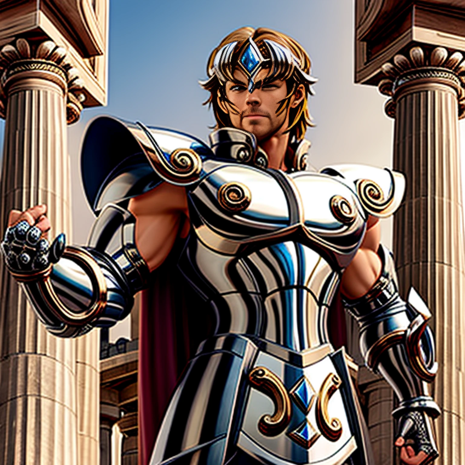 masterpiece, best quality, masterpiece, detailed face, detailed eyes, full body, Chris Hemsworth , LeoArmor, greek temple, ((anime))