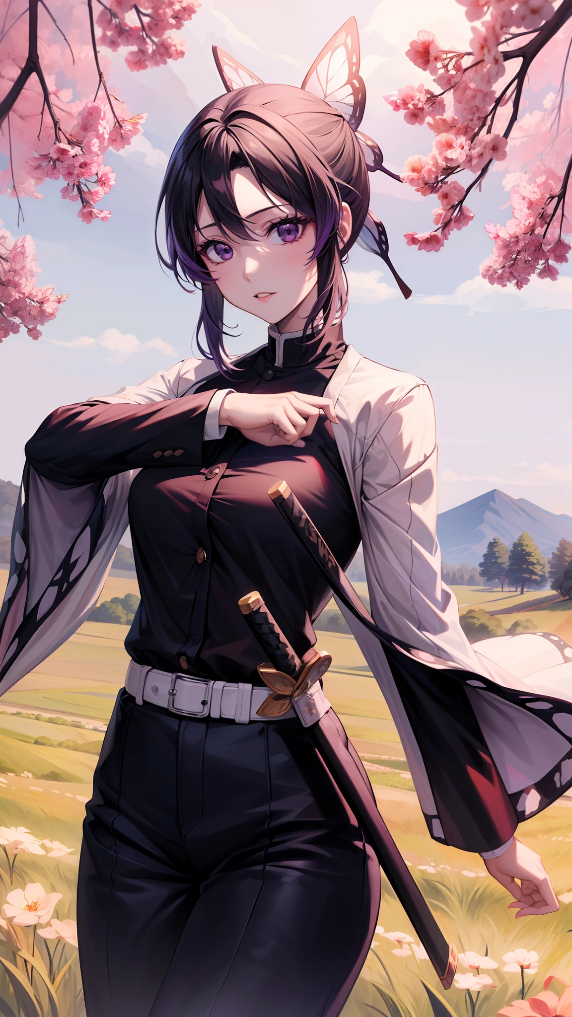 1girl, {hot Girl}, (anime, 8k, masterpiece, top quality, best quality, beautiful and aesthetic, professional illustrasion, ultra detail, perfect lighting, perfect shading, perfect sharpness), kochou shinobu, butterfly hair ornament, purple eyes, multicolored hair, short hair, parted bangs, haori, wide sleeves, black pants, black jacket, belt, (cowboy shot, holding weapon),( katana), sheathed,dinamic poses,holding a sword perfectly,field,camp,countryside,{(very beautiful landscape, high quality landscape)}
