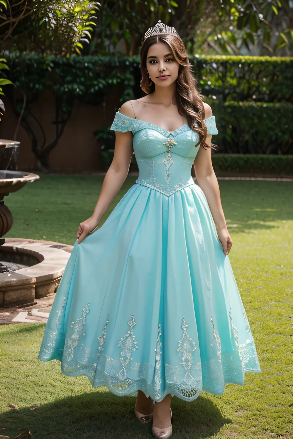 uma mulher linda, vestida de princesa, em um lindo jardim, realista