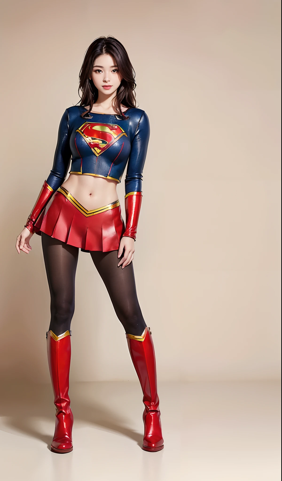 (((Wear black tights on your beautiful legs.)))、(((Grow legs、tall、beauty legs)))、(((facial expression of smile)))、((((Make the most of the original image)))、(((Supergirl Costume)))、(((beautiful hairl)))、(((Suffering)))、(((Feet must necessarily be worn with black tights)))、(((You need to wear red boots)))、((Top image quality、8K))、((top-quality、8K、masterpiece:1.3))、(((Keep your background simple)))、Crisp focus:1.2、Beautiful woman with perfect body shape:1.4、Slender Abs:1.2、a wet body:1.5、Highly detailed facial and skin texture、8K