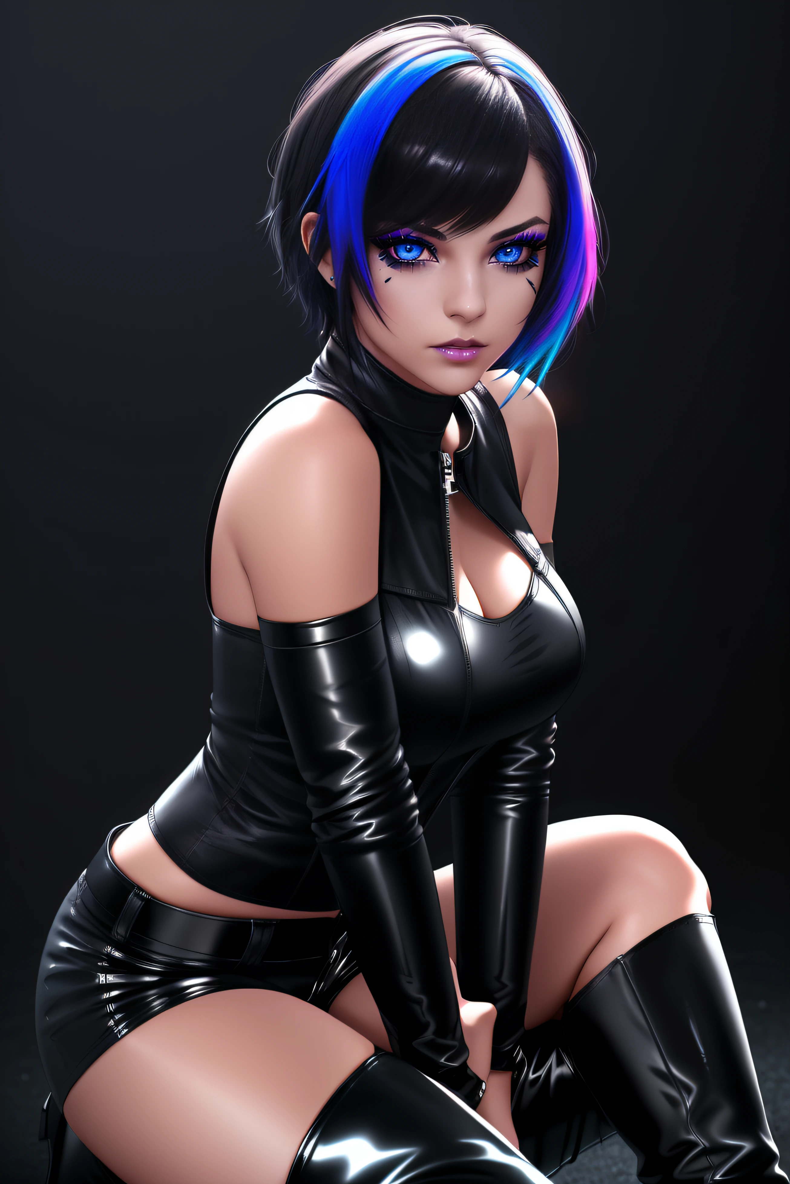 beautiful girl, full body, short bright blue neon streaked dishevelled hair, ((large light realistic detailed eyes:1.3)), ((seductive pose:0.5)), black eyeshadow, (street style wear:1.2), ((tight fitted short pants)), ((thigh high leather boots:1.3)), (dark city night black background:1.4), dark makeup, digital art, trending on artstation, highly detailed, fine detail, intricate, beautiful detailed glow, detailed, Cinematic light, high-res, detailed facial features, sharp focus, smooth, aesthetic,