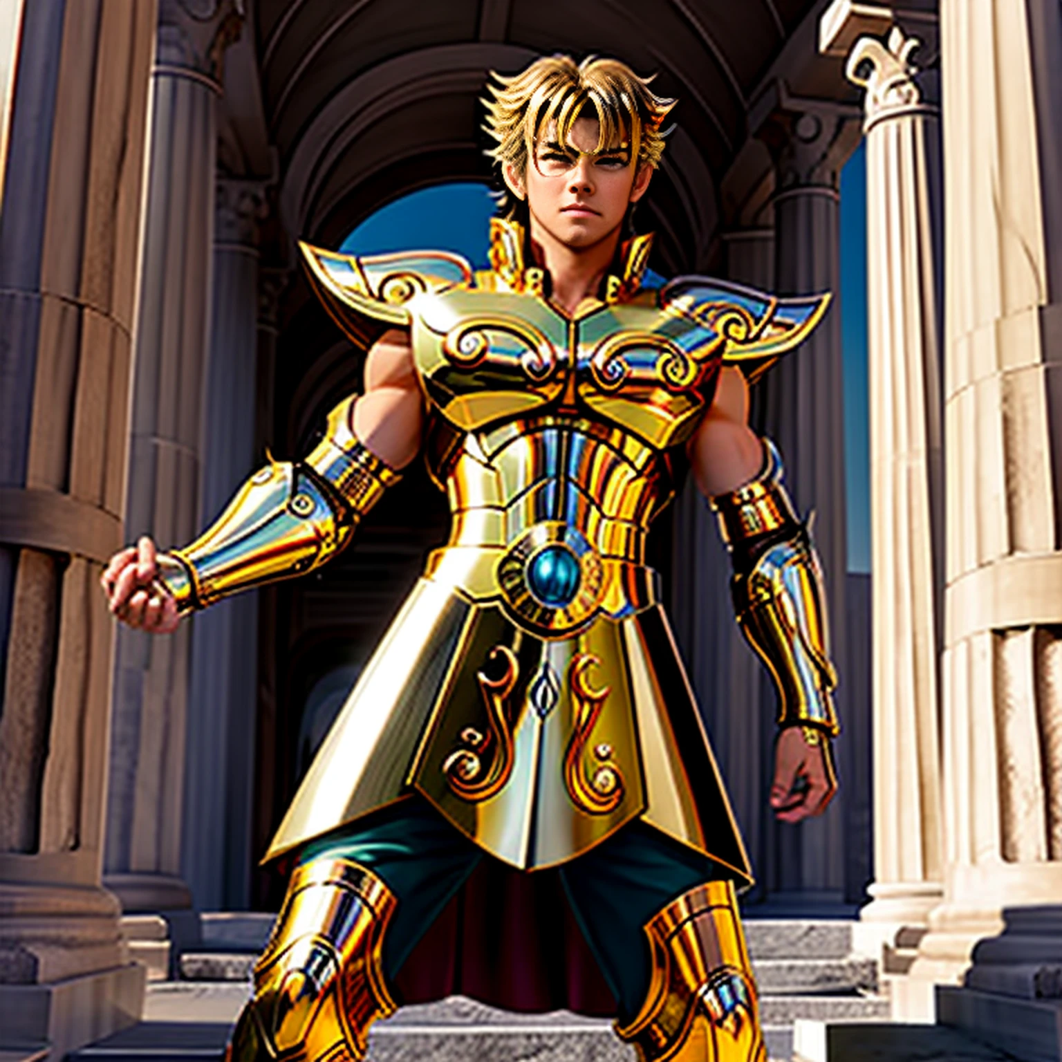 masterpiece, best quality, masterpiece, detailed face, detailed eyes, full body,  Chris Hemsworth , LeoArmor, greek temple, ((anime))