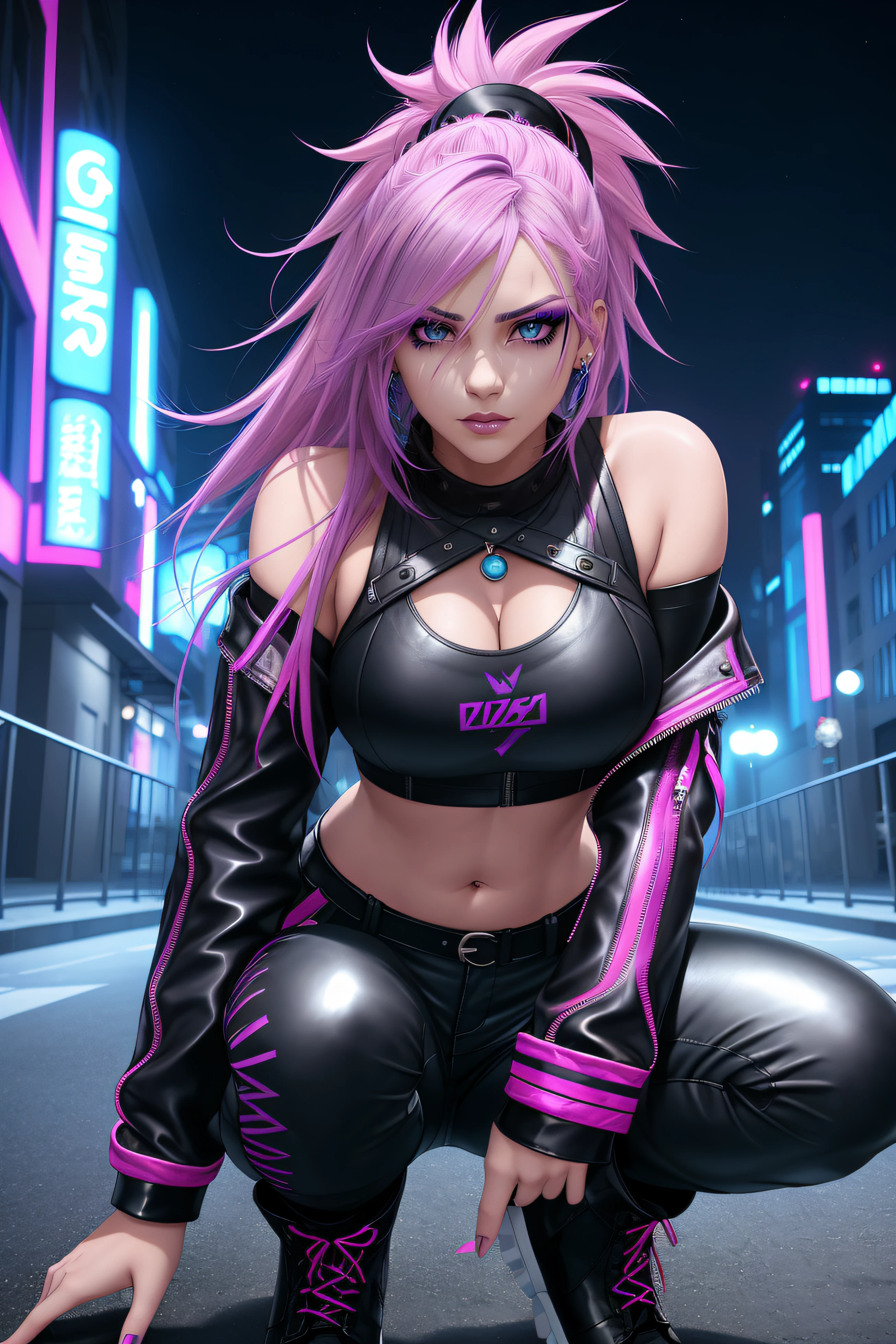 beautiful girl, full body, short bright blue and magenta streaked dishevelled hair, large blue piercing eyes, black eyeshadow, (street style wear:1.2), ((tight fitted pants)), ((knee high leather boots)), (city night background:1.2), dark makeup, digital art, trending on artstation, highly detailed, fine detail, intricate, beautiful detailed glow, detailed, Cinematic light, high-res, detailed facial features, sharp focus, smooth, aesthetic,