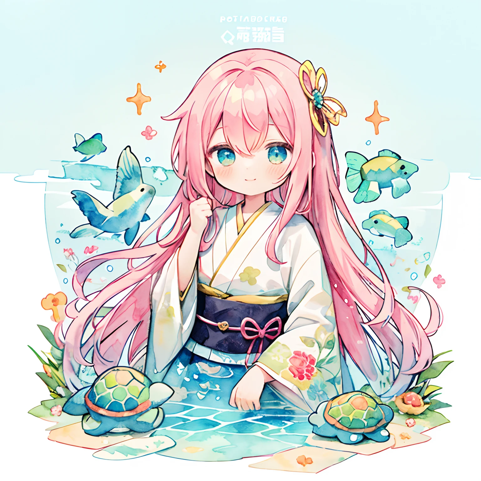 (PastelColors:1.5)、(Cute illustration:1.5)、(watercolor paiting:1.2)、(1 girl:1.0)、hair between eye、Blue background、Fluttering clothes,Lots of flutter、 Good Style、Glitter in the heart、White and red motifs, Light red hair、Cute, Head flutters、Happiness is playing、celebration、Thanksgiving、length hair、Undulating hair、Urashima Taro's story motif、Otohime smiled,Upper body, Fantasy, Detailed picture、A slight smil、Howa Howa、With turtles、A lot of fish are swimming around the girl、In the water、watercolor paiting、Moya、Hair swaying、full body Esbian、Fluttering shoes、Japanese dress、Suisui、Luxury kimono、feater、Otohime、Lots of cloth、Transparent cloth、Little transparent cloth、golden colored、Gold dust scattering、kawaii、ren、Otohime、queen、Ride a turtle、tortoise、beautiful a girl