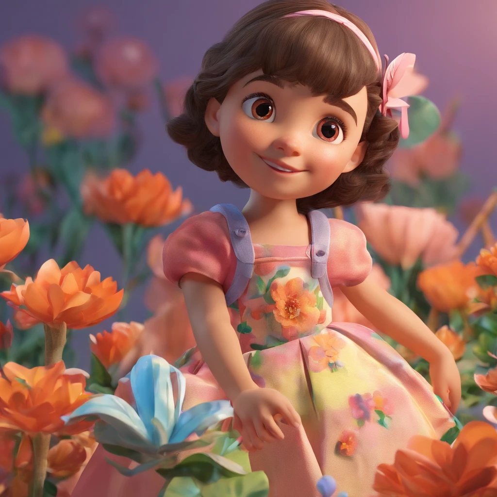 Menina loira, cabelo cacheado, com vestido em tom pastel, rodado, 8  and a flower in her hand