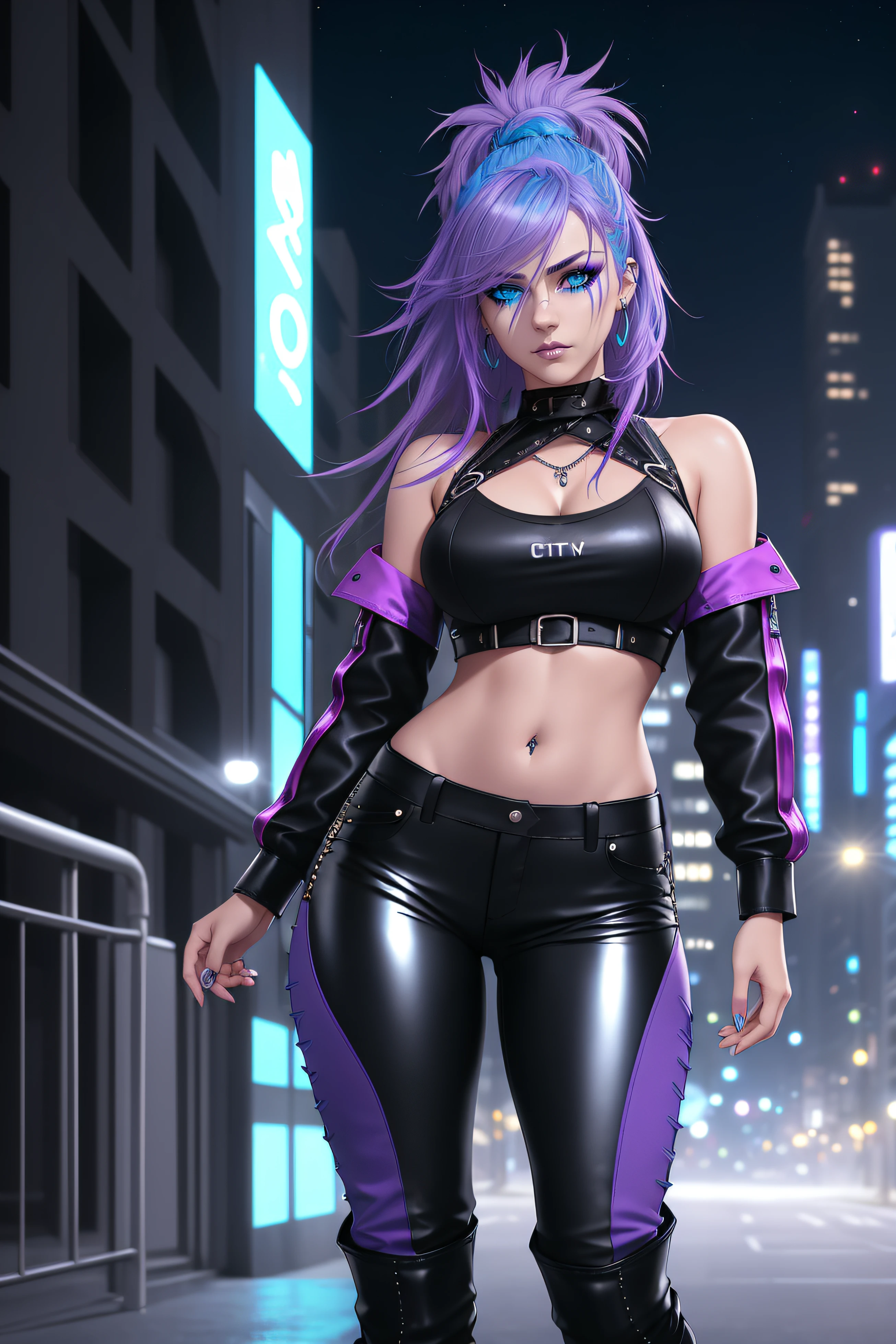 beautiful girl, full body, short bright cyan and purple streaked dishevelled hair, large blue piercing eyes, black eyeshadow, (street style wear:1.2), ((tight fitted pants)), ((knee high leather boots)), (city night background:1.2), dark makeup, digital art, trending on artstation, highly detailed, fine detail, intricate, beautiful detailed glow, detailed, Cinematic light, high-res, detailed facial features, sharp focus, smooth, aesthetic,