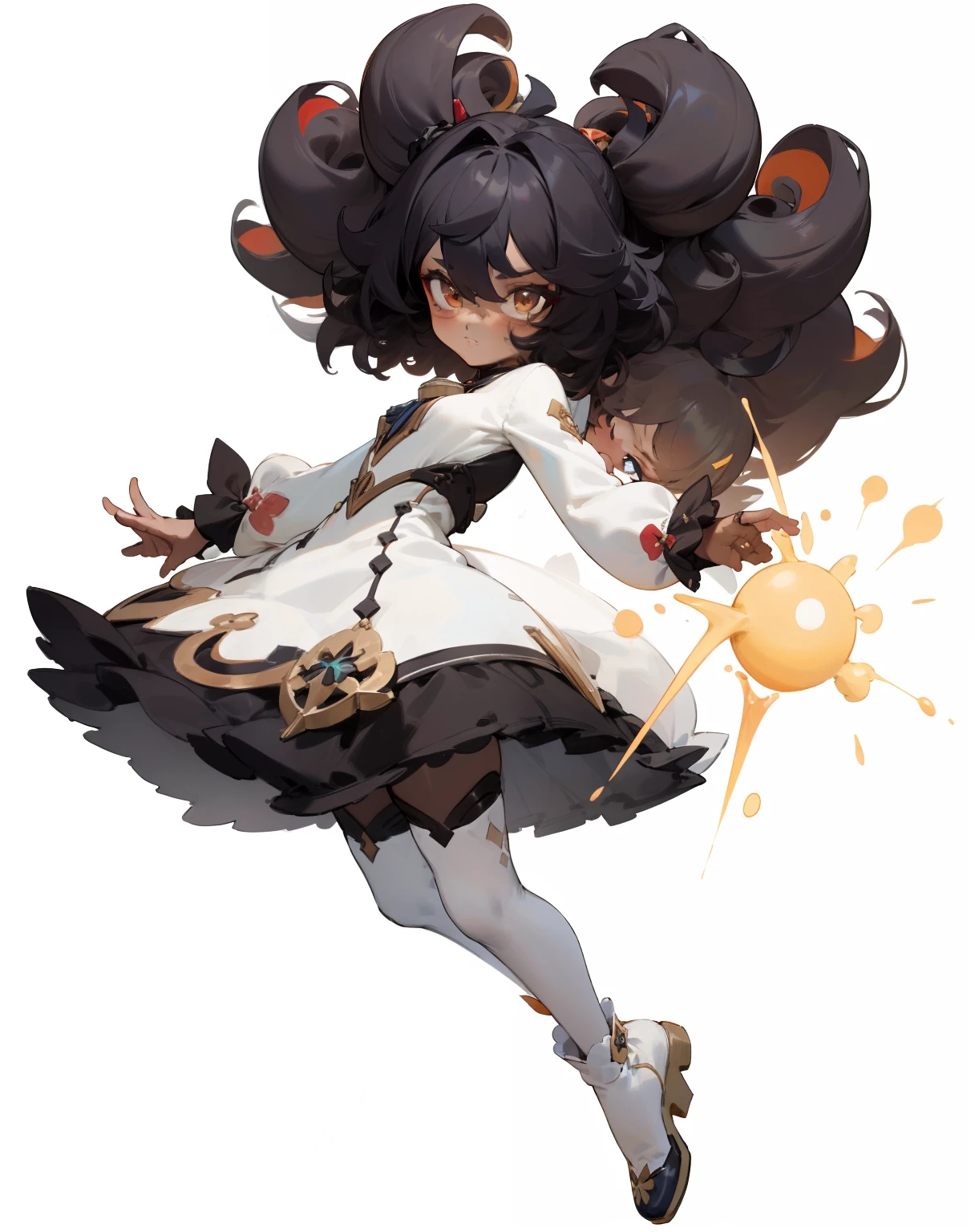 1GIRL, cute girl, finely detailed, (best quality), (intricate details), cute style, tanned dark skin, ****, genshin impact style, pyro vision user, multicolored, ((big curly black hair afro)), best quality, ((short puffy long sleeve dress)), thick thighs, wears glasses, ((white dress)), ((white thigh high socks)), ((round eyes)), beautiful face, cute face, pinup, perfect face, simple background portrait, full body