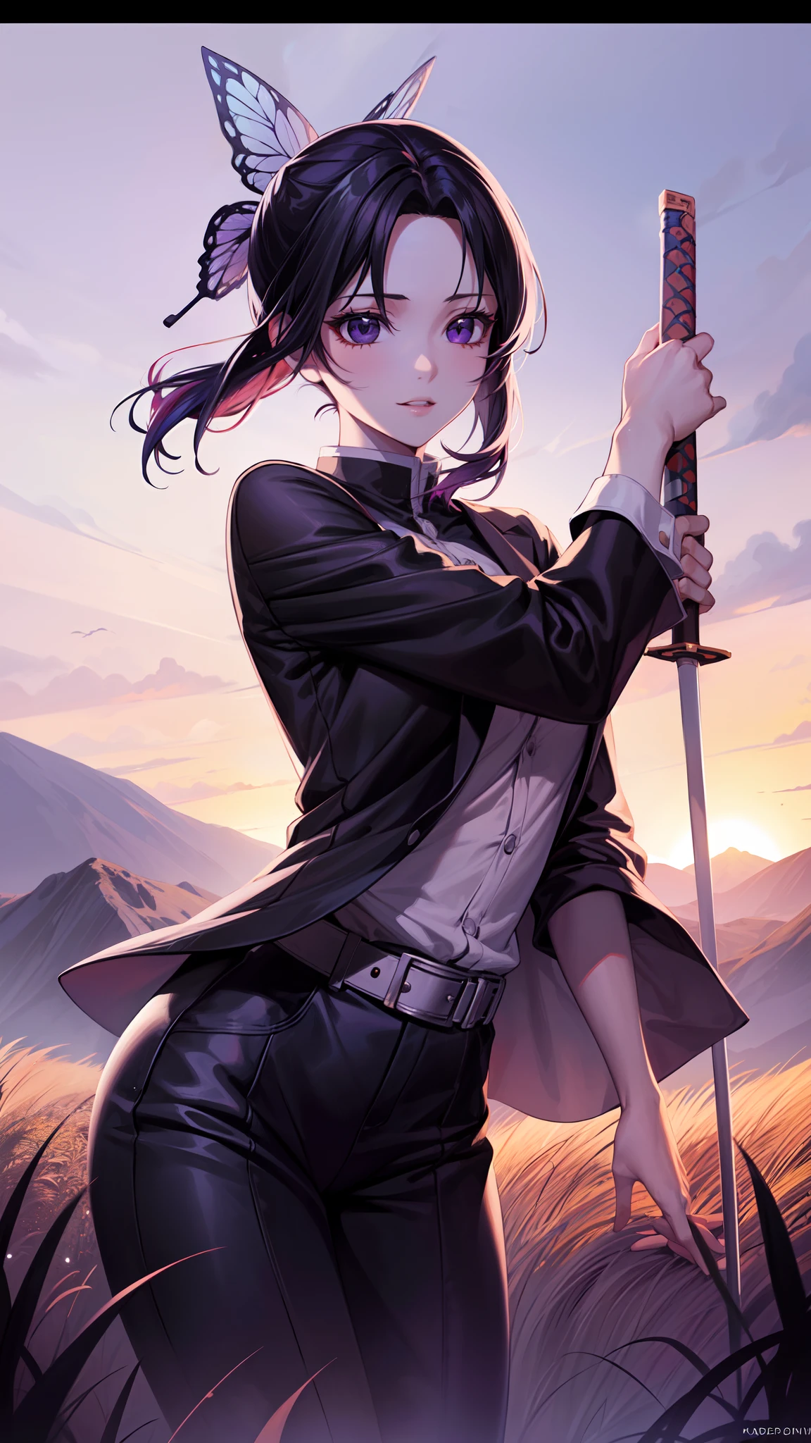 1girl, {hot Girl}, (anime, 8k, masterpiece, top quality, best quality, beautiful and aesthetic, professional illustrasion, ultra detail, perfect lighting, perfect shading, perfect sharpness), kochou shinobu, butterfly hair ornament, purple eyes, multicolored hair, short hair, parted bangs, haori, wide sleeves, black pants, black jacket, belt, (cowboy shot, holding weapon),( katana), sheathed,dinamic poses,holding a sword perfectly,field,camp,countryside,{(very beautiful landscape, high quality landscape)}