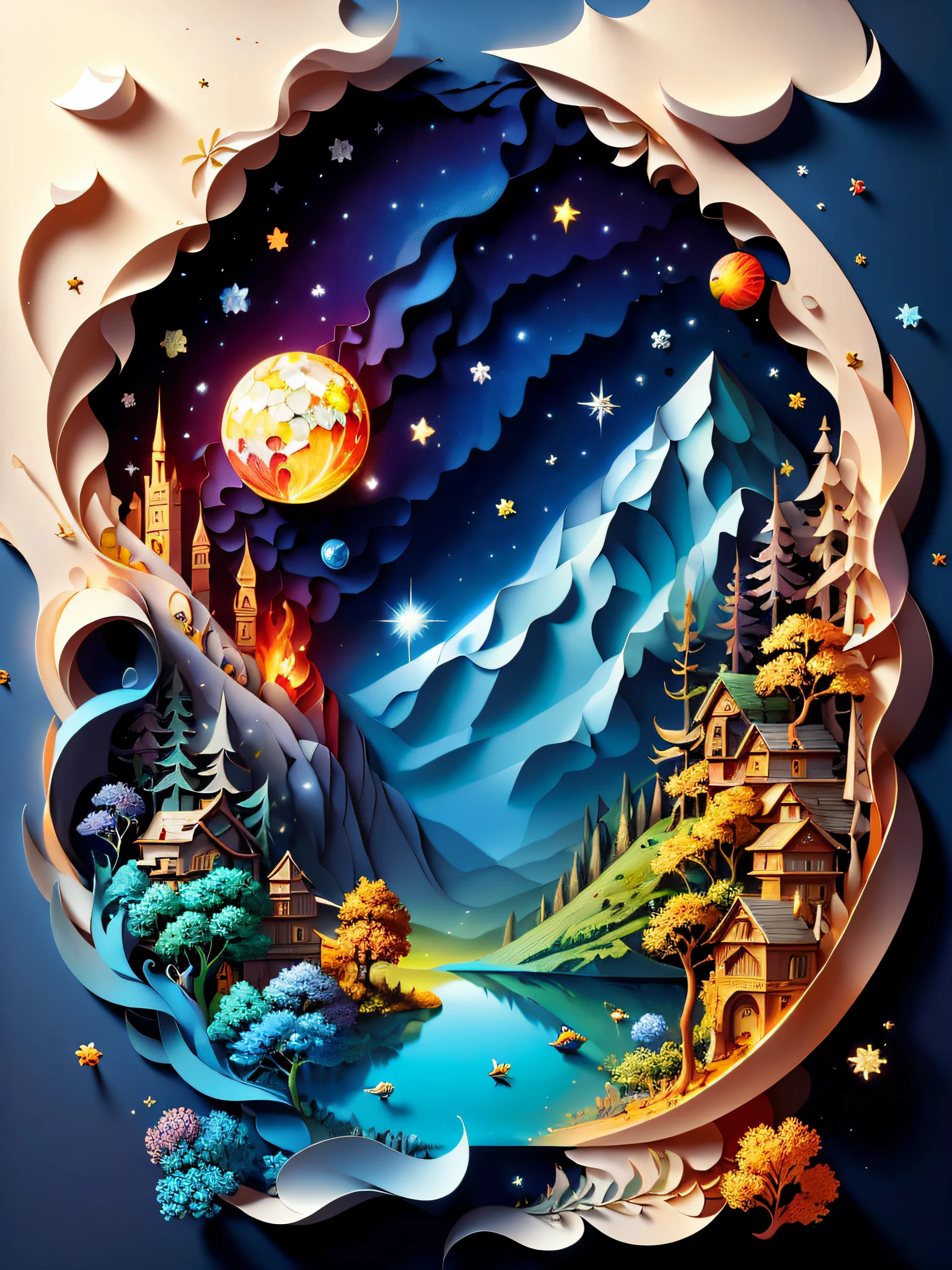 A paper cut of a landscape with a castle and a lake - SeaArt AI