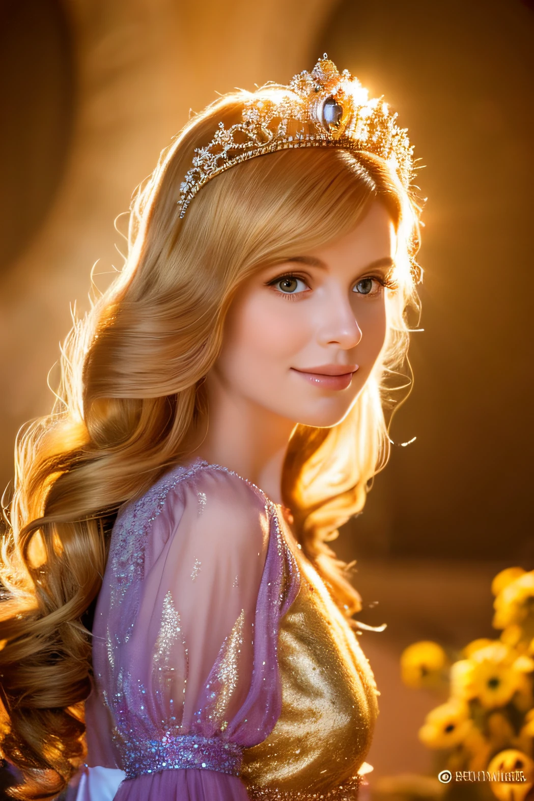 Princess Amélia with her radiant golden hair: Image of Princess Amélia, with her hair shining like the sun, displaying its magical, golden tones em desenho