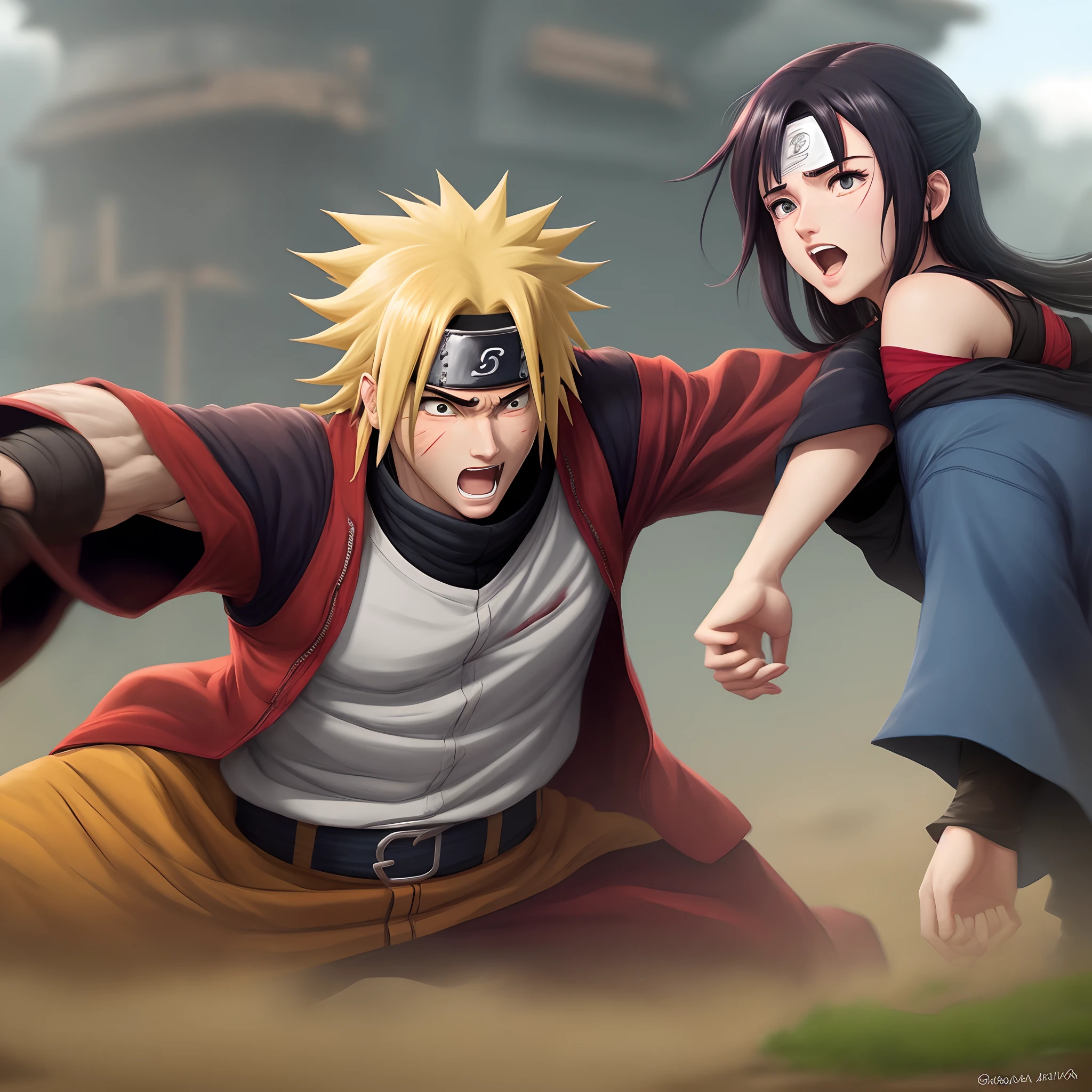 Female Naruto, with bandana x female Sasuke fighting with bandana, female version, Disney Pixar style long hair.