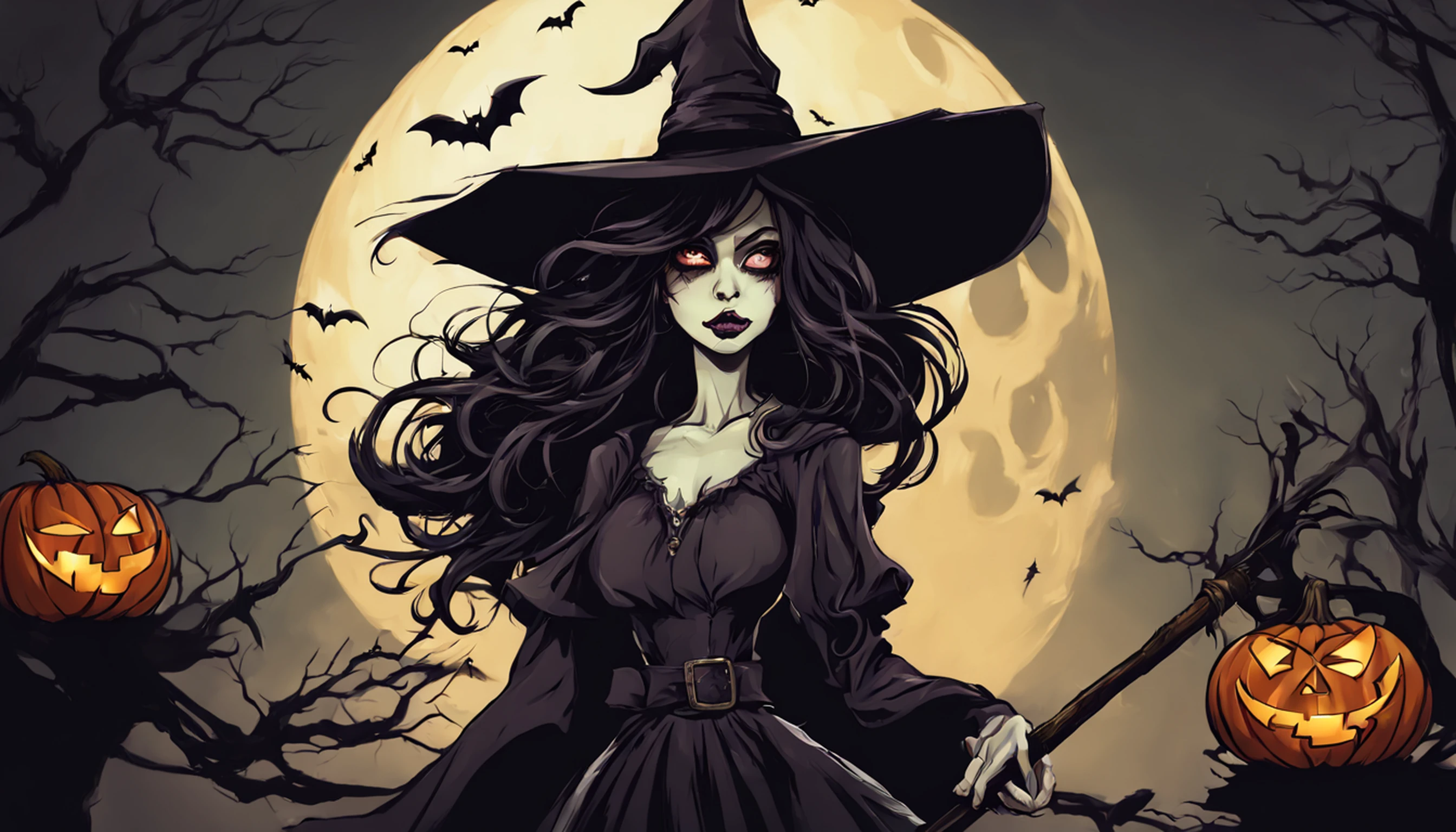 Witch with pumpkin and broom, Em um estilo de dia das bruxas, dia das bruxas, tema halloween, bruxa feminina bonita, menina bruxa mecanizada, supervillain sorceress witch, bruxa feiticeira do mal, Uma bruxa, bruxa escura da moda, bruxa, Scarry mas enfeitiçando, bruxa castlevania, mulher feiticeira, Travessuras ou gostosuras, personagem bruxa escura, beautiful witch spooky female