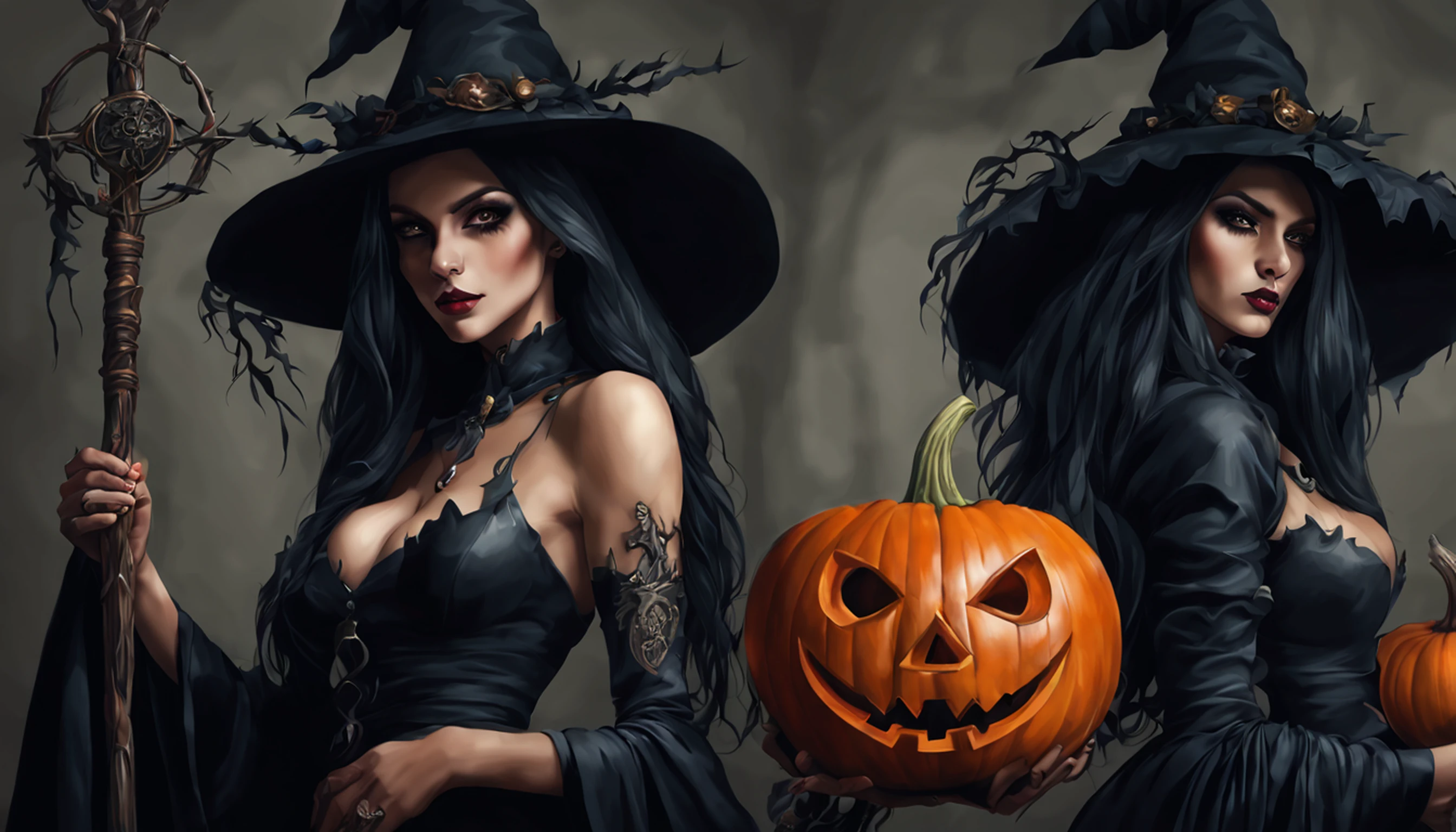 Witch with pumpkin and broom, Em um estilo de dia das bruxas, dia das bruxas, tema halloween, bruxa feminina bonita, menina bruxa mecanizada, supervillain sorceress witch, bruxa feiticeira do mal, Uma bruxa, bruxa escura da moda, bruxa, Scarry mas enfeitiçando, bruxa castlevania, mulher feiticeira, Travessuras ou gostosuras, personagem bruxa escura, beautiful witch spooky female